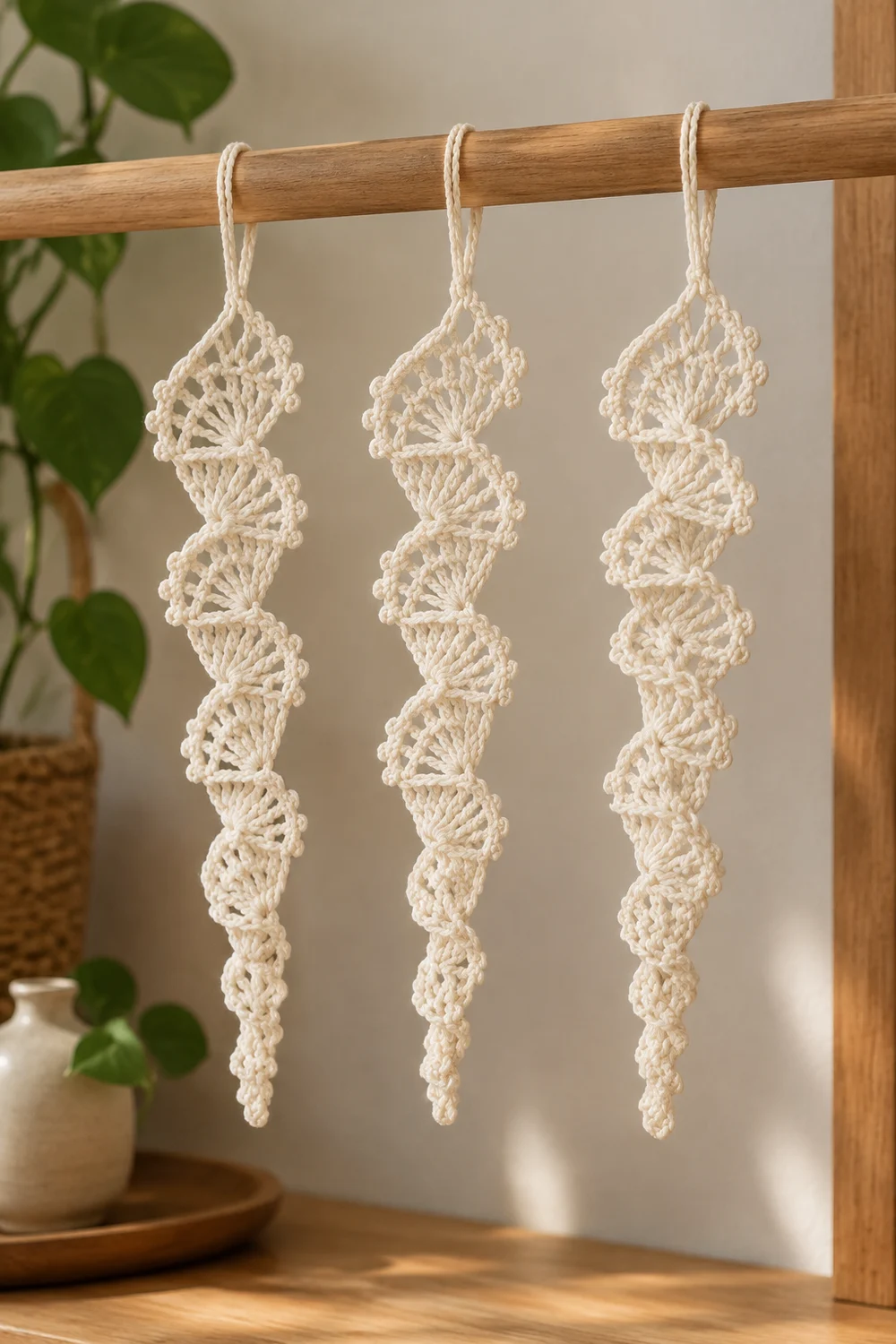 Three cream crochet leaf ornaments hang from a wooden rod beside potted plants in natural light.