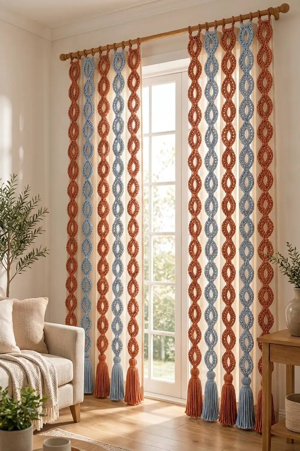 Rust and blue patterned crochet curtains with tassels hang on a wooden rod in a bright, neutral living room.
