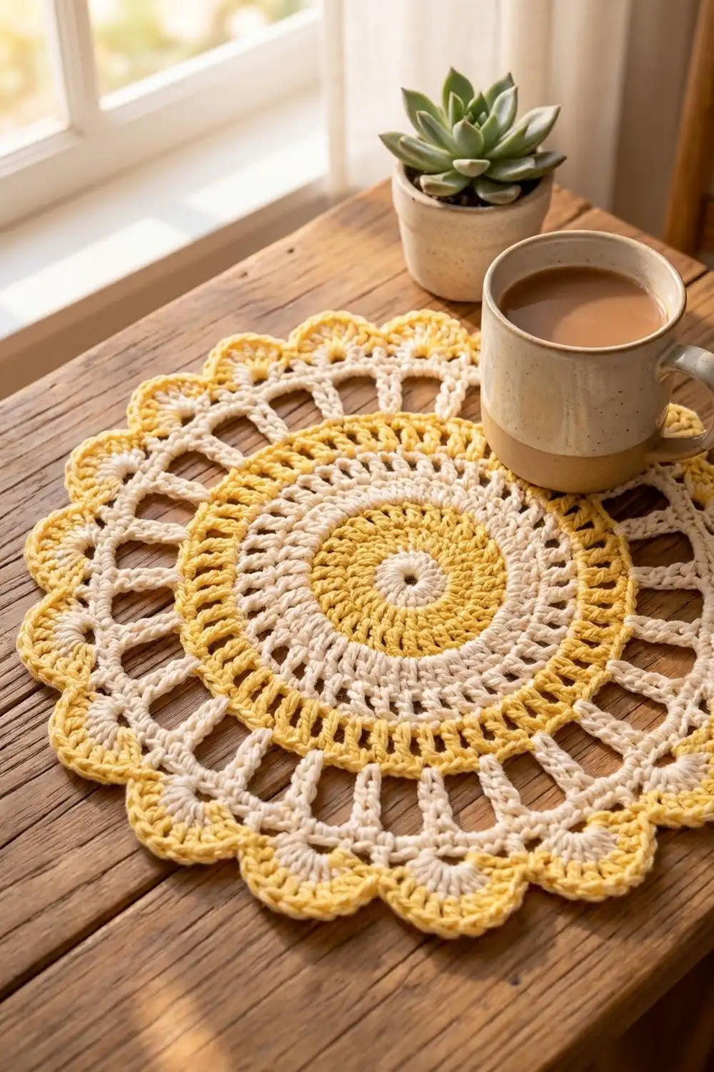 Yellow and cream crocheted doily with spiral mandala pattern sits on wooden table beside coffee mug and potted succulent.