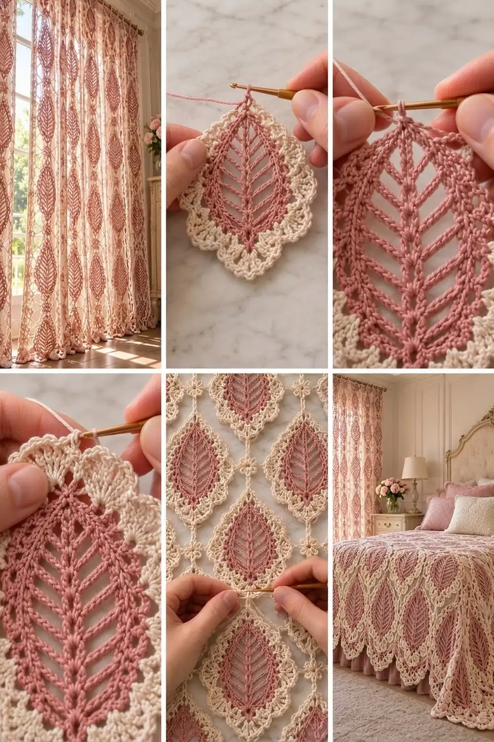 Pink and cream crocheted leaf-motif lace displayed as a decorative bed runner in a styled bedroom setting.