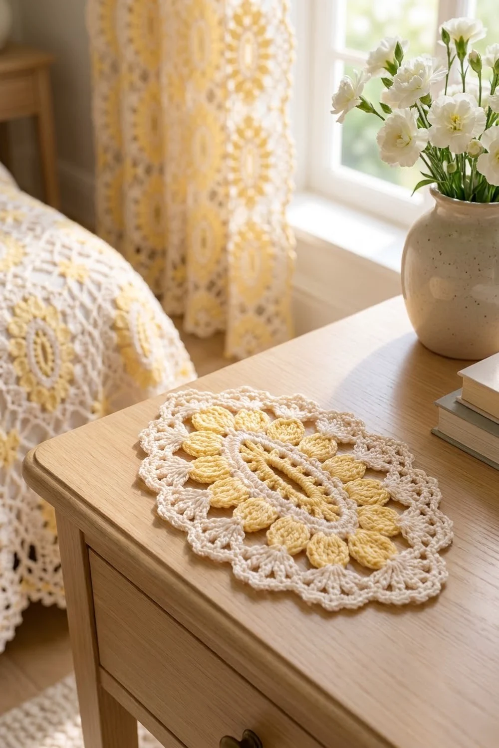 Cream and yellow crocheted doily displayed on wooden table with matching lace curtains and white flowers in bright, sunlit room.