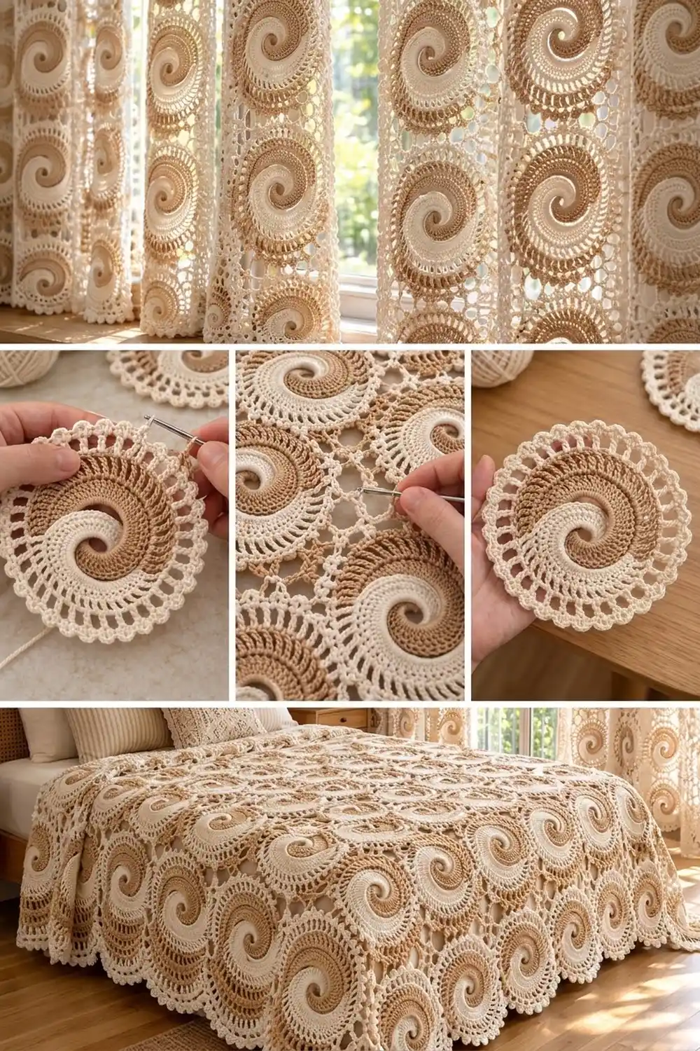 Cream and beige crocheted lace with spiral motifs hung as curtains and draped on a bed.