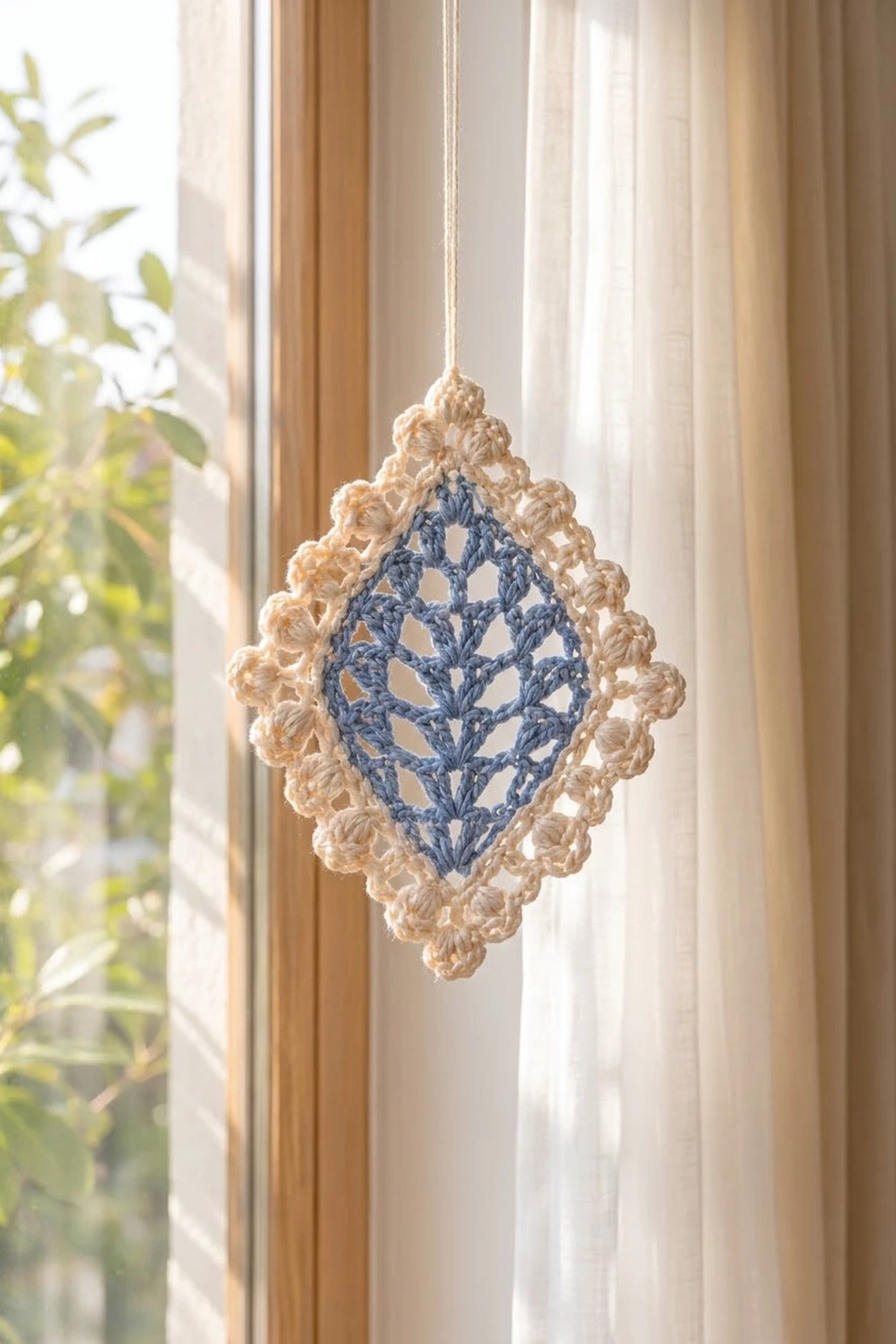 A cream and navy crocheted diamond ornament hangs in a sunlit window with sheer curtains and green plants visible outside.