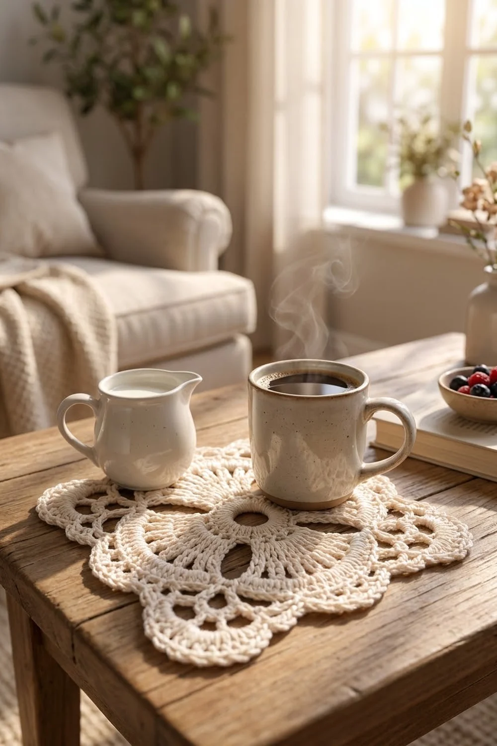 Cream-colored crocheted doily on a wooden table with coffee mugs, white pitcher, and berries in a sunlit living room.