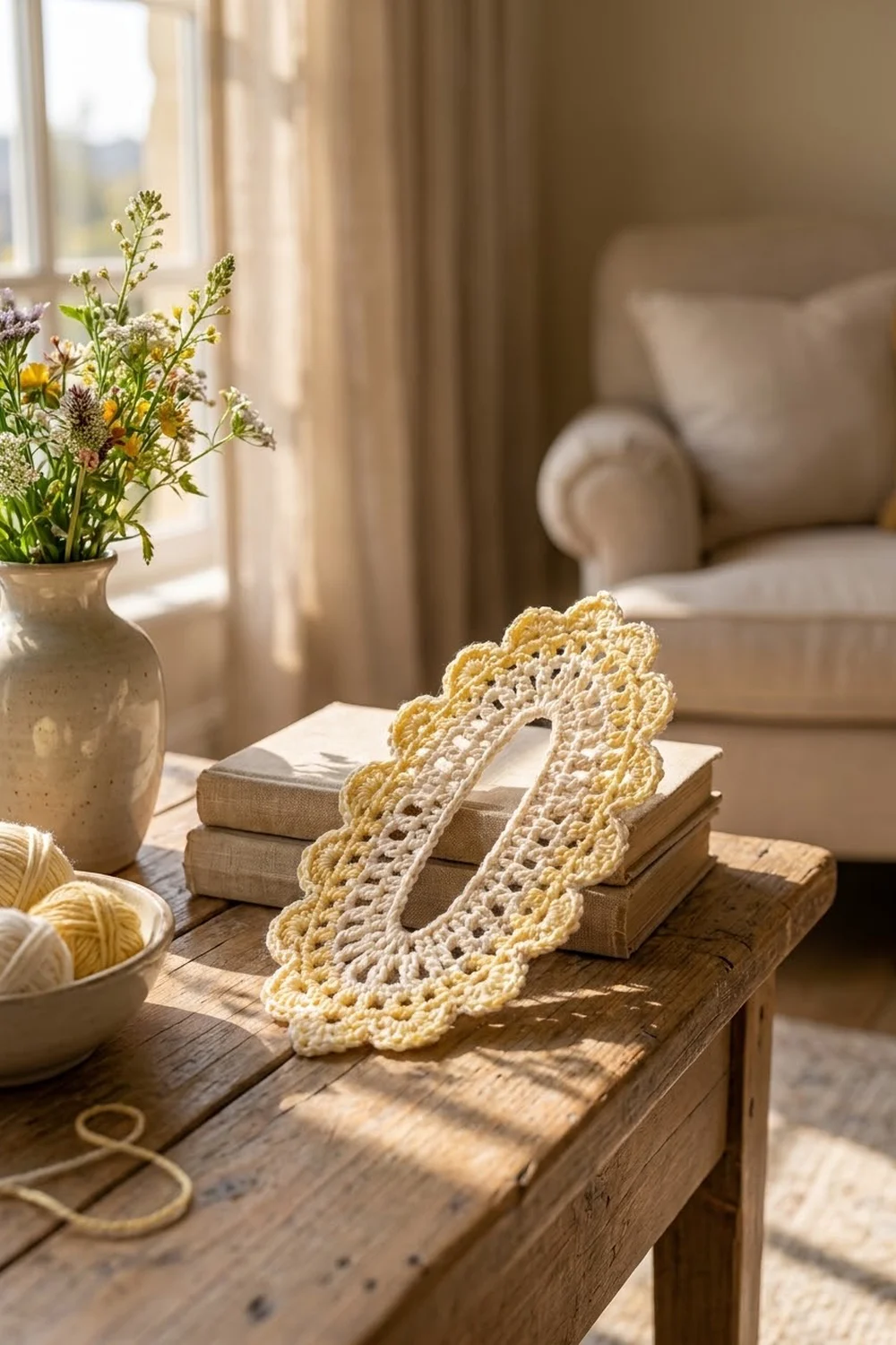 Cream and butter-yellow crochet doily displayed on stacked books beside fresh wildflowers in a bright, sunlit room.