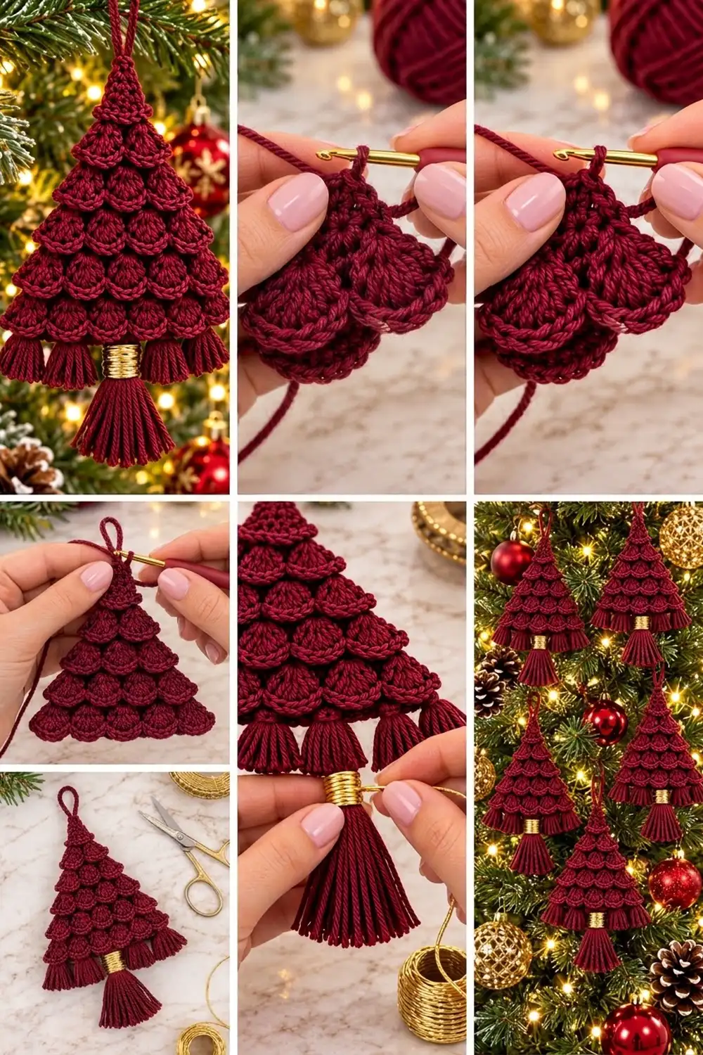 Deep burgundy crocheted Christmas tree ornament with gold accents and tassel displayed on a decorated holiday tree.