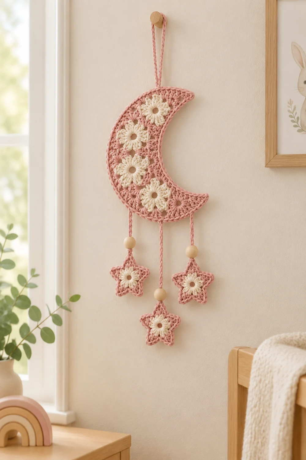 A crocheted pink and cream moon with hanging stars decoration displayed on a beige wall near a window.