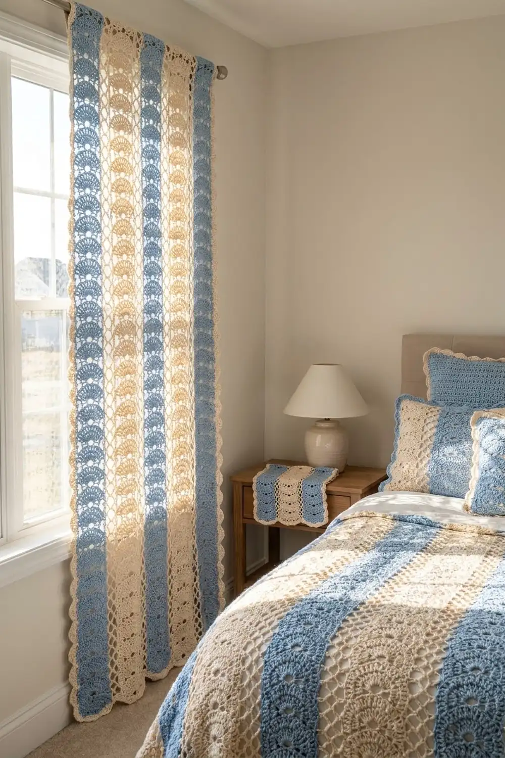 Crocheted shell-patterned curtain in blue, cream, and tan hanging beside a bed with matching blanket and pillows in bedroom.