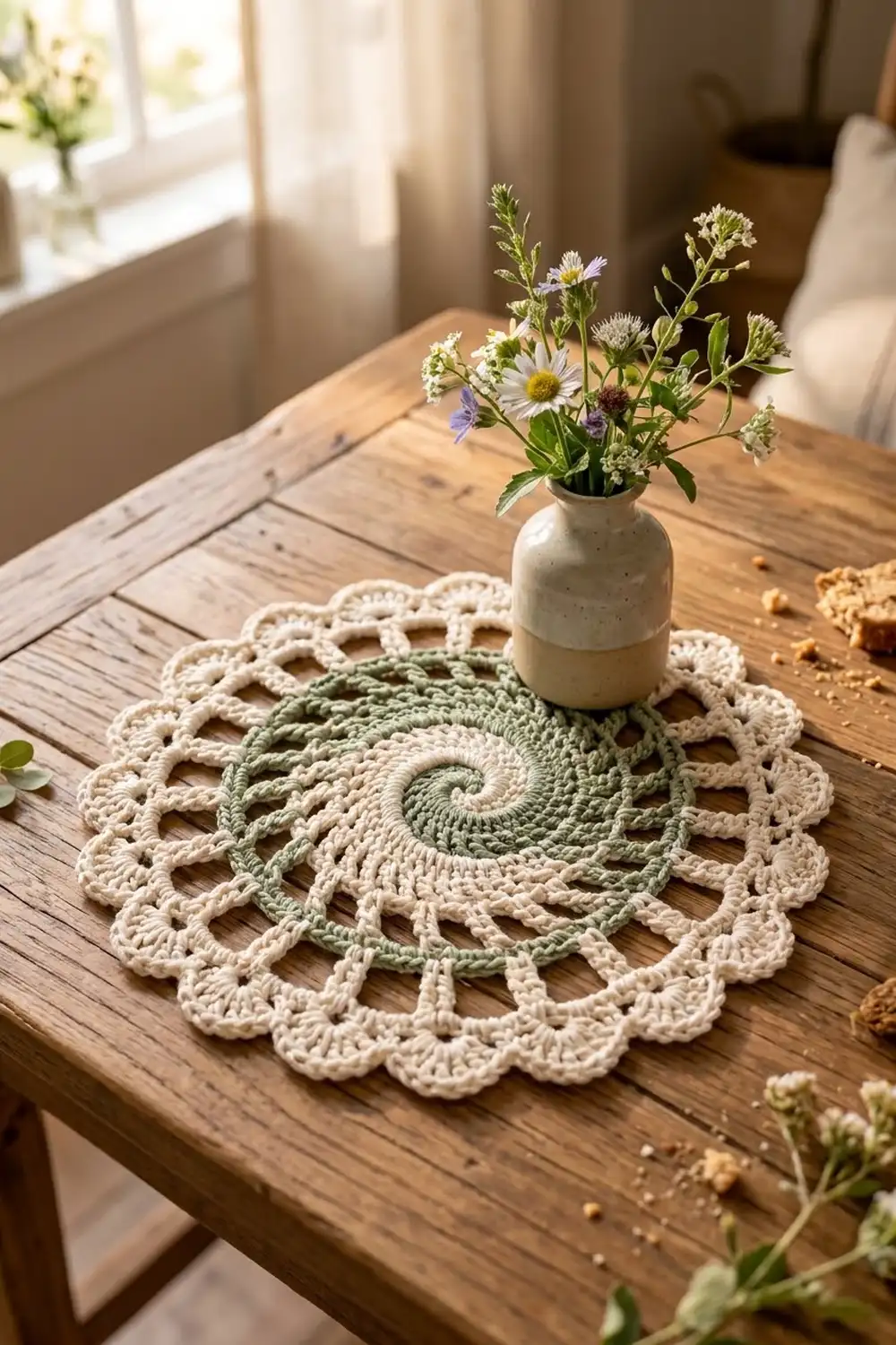 Cream and sage crocheted doily with lace edging holds a ceramic vase of wildflowers on a wooden table.