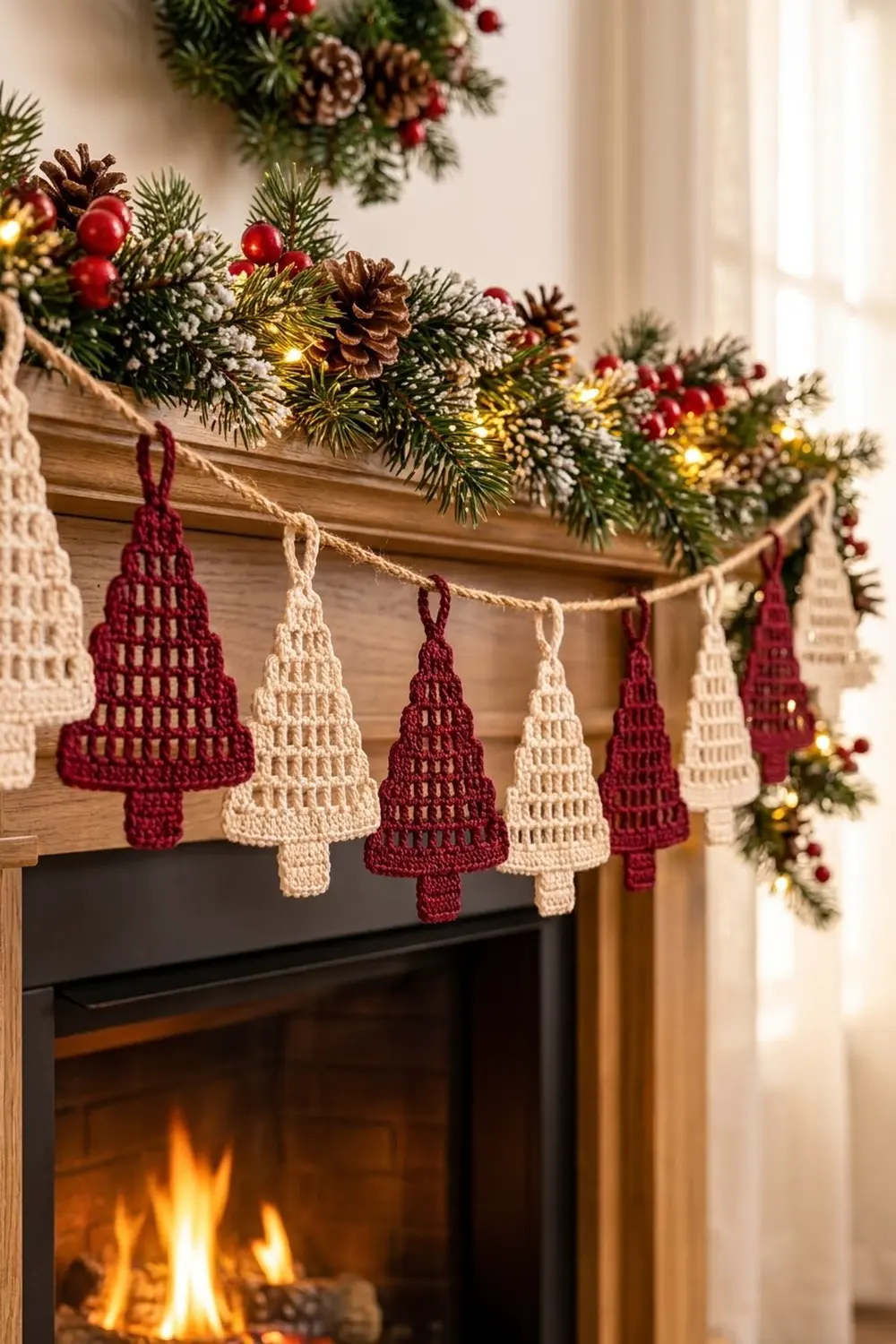 Crocheted red and cream tree ornaments hang on twine above a fireplace with festive holiday garland and warm lights.