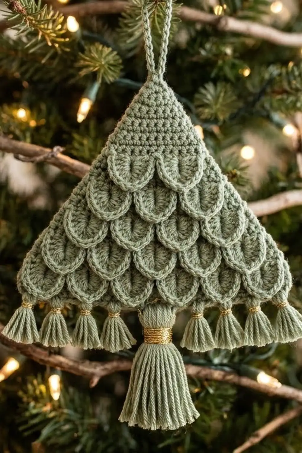 Sage green crocheted Christmas tree ornament with scalloped pattern and tassels hanging on a lit evergreen tree.