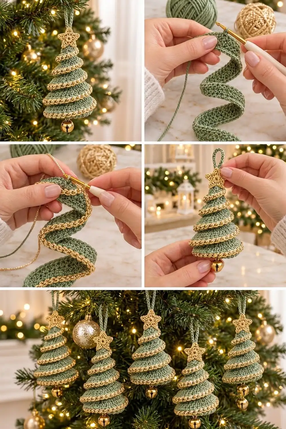 Crocheted sage-green and gold Christmas tree ornaments hanging on a festive, lit Christmas tree.