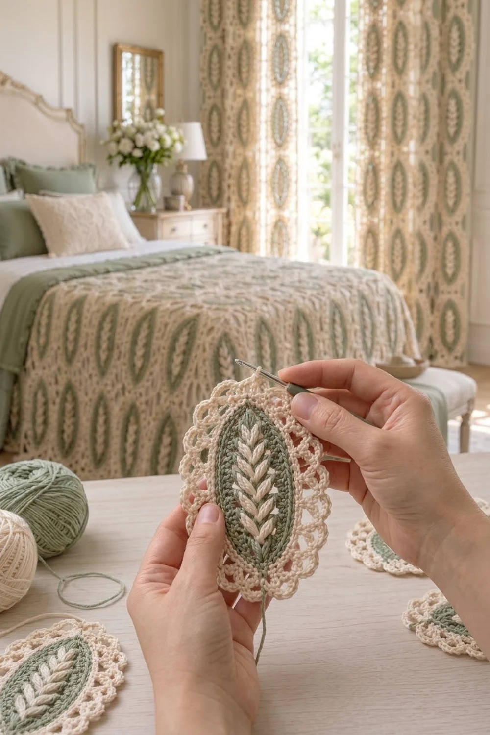 Hands crochet a sage and cream leaf motif in a sunlit bedroom styled with matching geometric textiles.