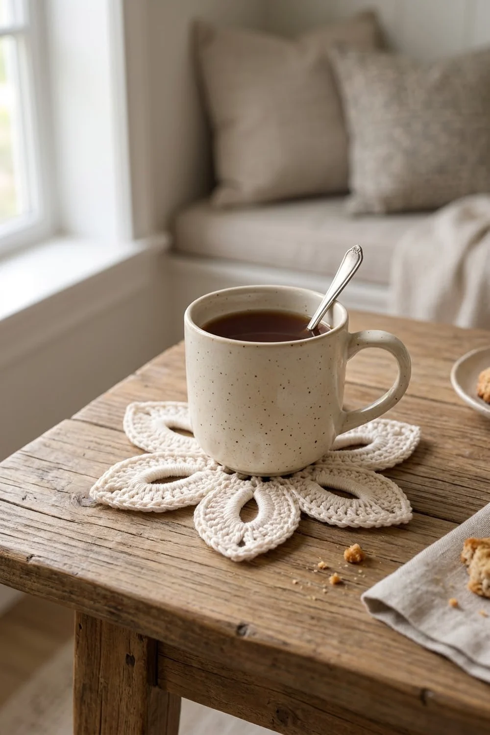 Cream-colored crocheted flower coaster supporting a speckled mug of tea on a wooden table in a bright, minimalist living space.