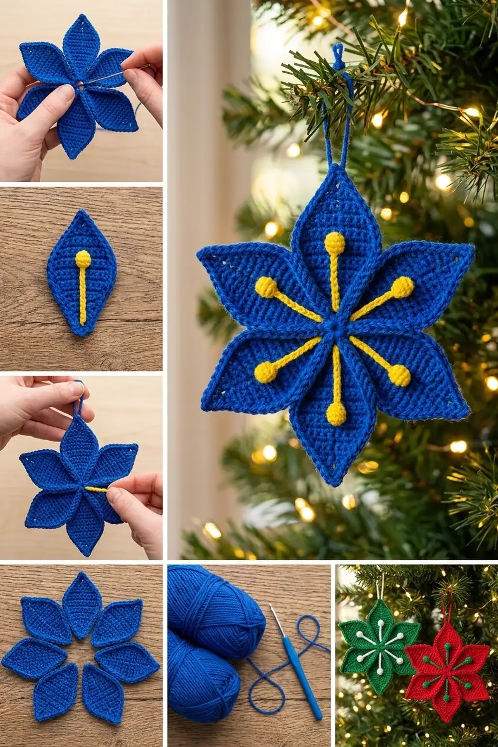 Blue crocheted flower ornament with yellow stamen details hanging on a Christmas tree with warm golden lights.