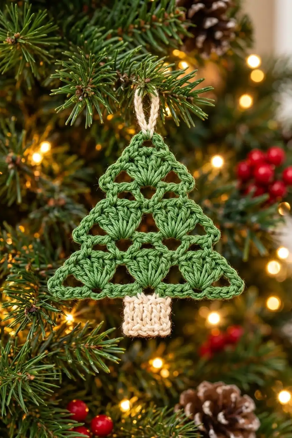 Green openwork crocheted tree ornament with cream base hanging on evergreen branch, surrounded by golden lights.