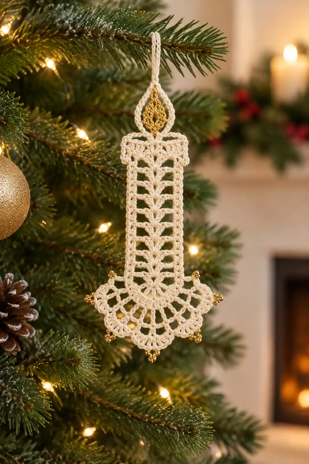 A crocheted cream candle ornament with gold flame hangs on an evergreen tree branch with lights.