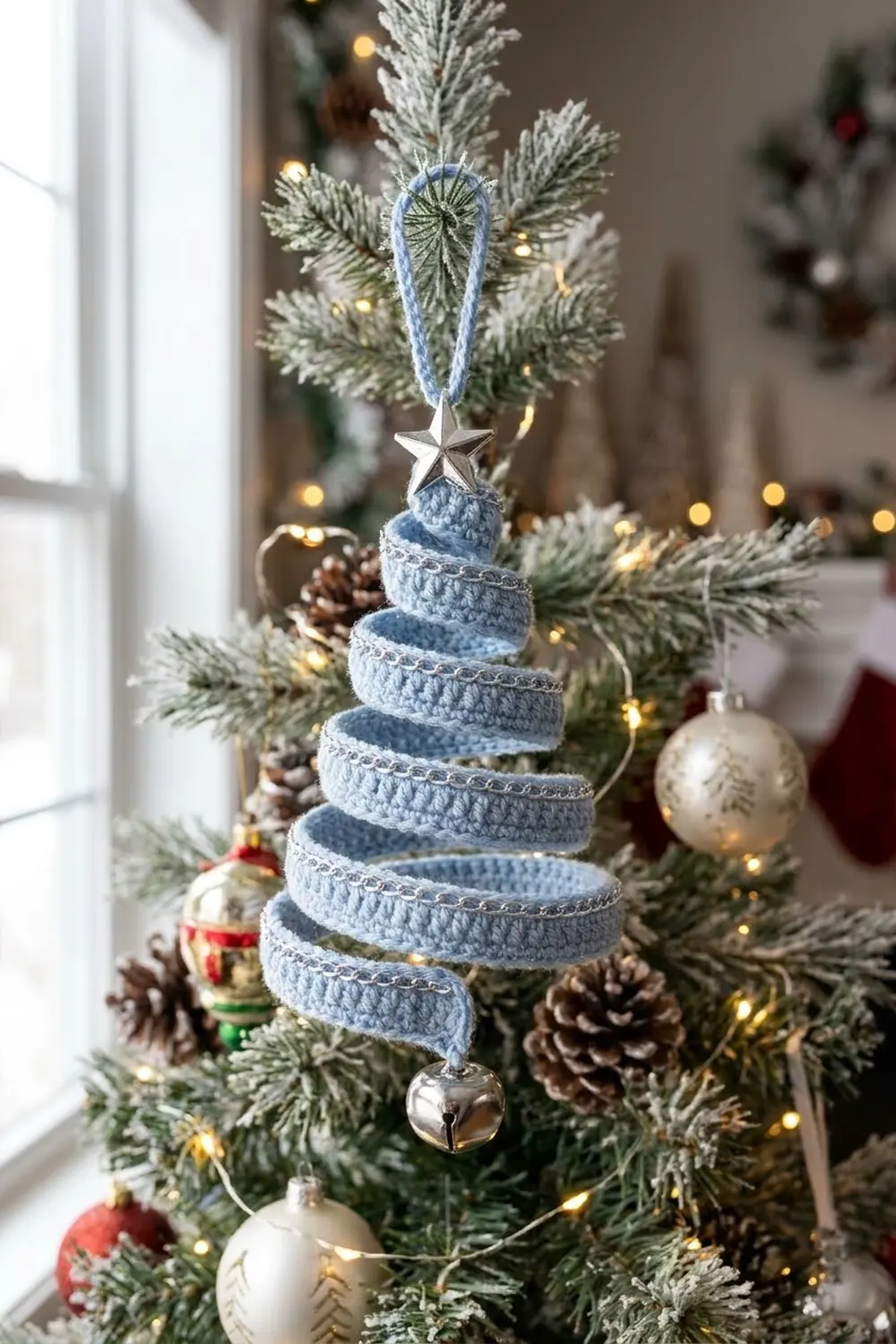 Pale blue crocheted tree ornament with silver star and bell decorating an evergreen branch amid warm lights and vintage ornaments.
