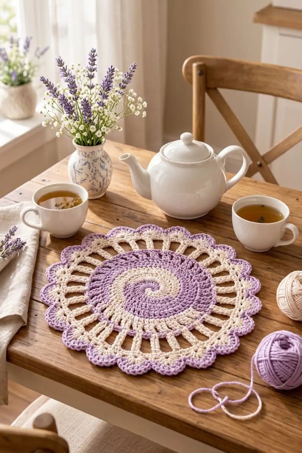 Purple and cream crochet doily with decorative edge on wooden table beside teapot, teacups, and lavender in white vase.