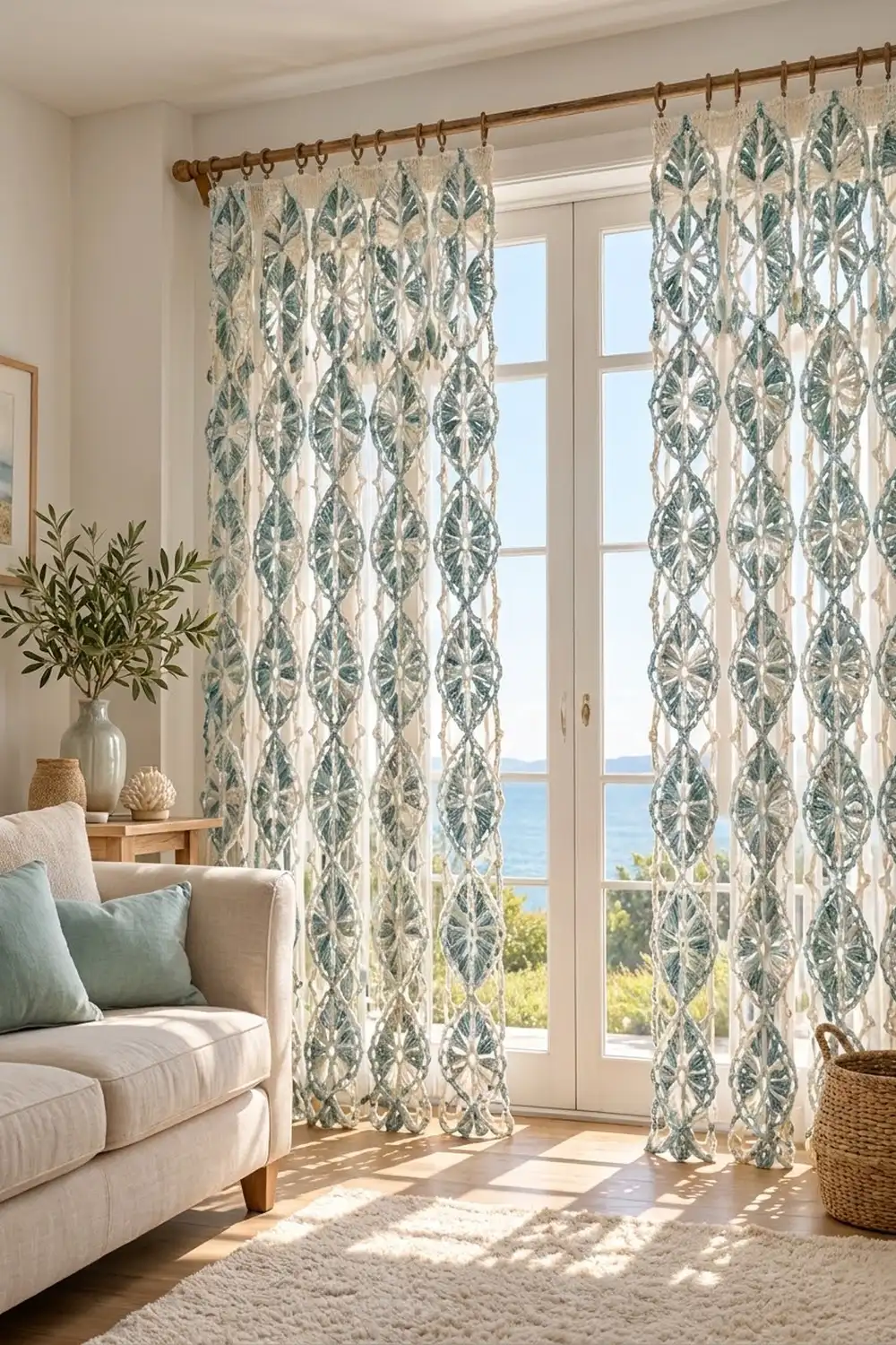 Green and cream damask-patterned curtains hang from a wooden rod in a modern coastal living room.