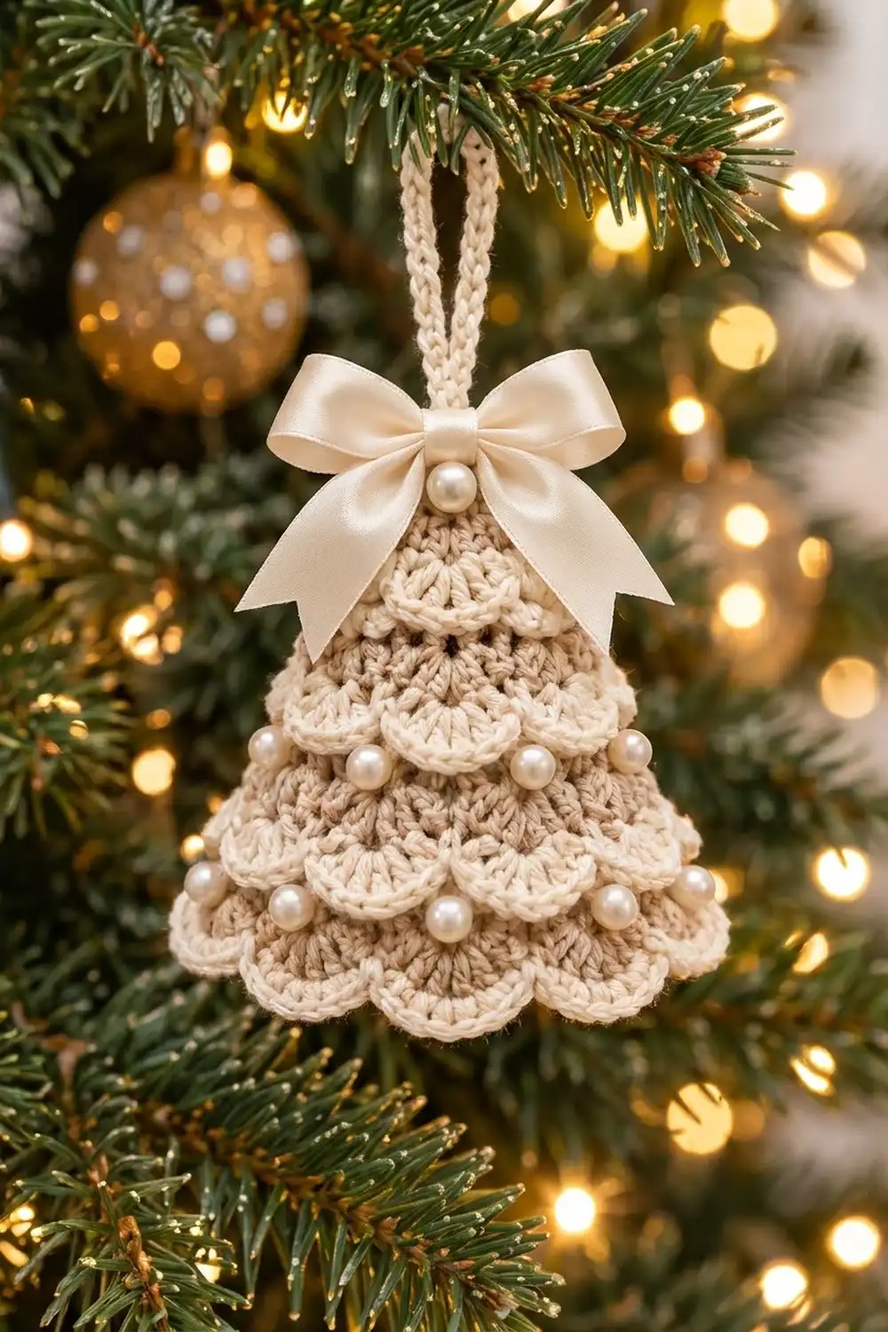 Cream-crocheted tree ornament with pearl beads and cream bow hanging among evergreen branches with warm golden twinkling Christmas lights.