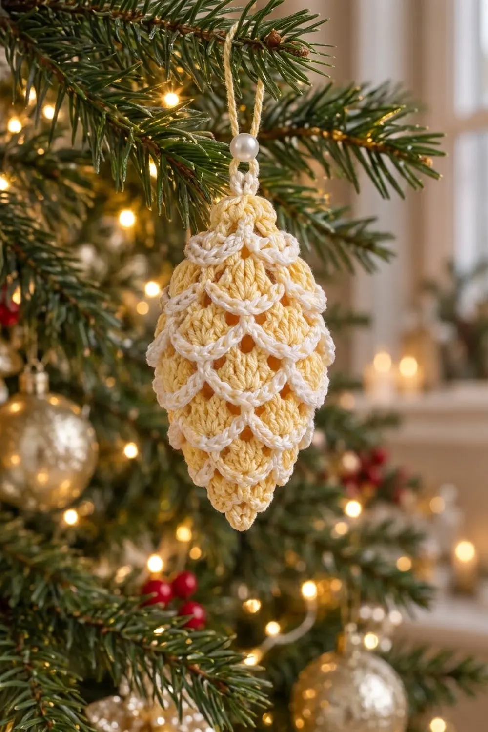 Cream and white crocheted pinecone ornament hanging on an evergreen branch amid warm golden lights and festive decorations.