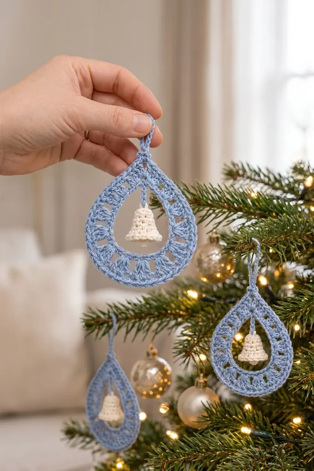 Hand holding periwinkle crocheted teardrop ornaments with white bells, displayed on a Christmas tree with golden lights and evergreen boughs.