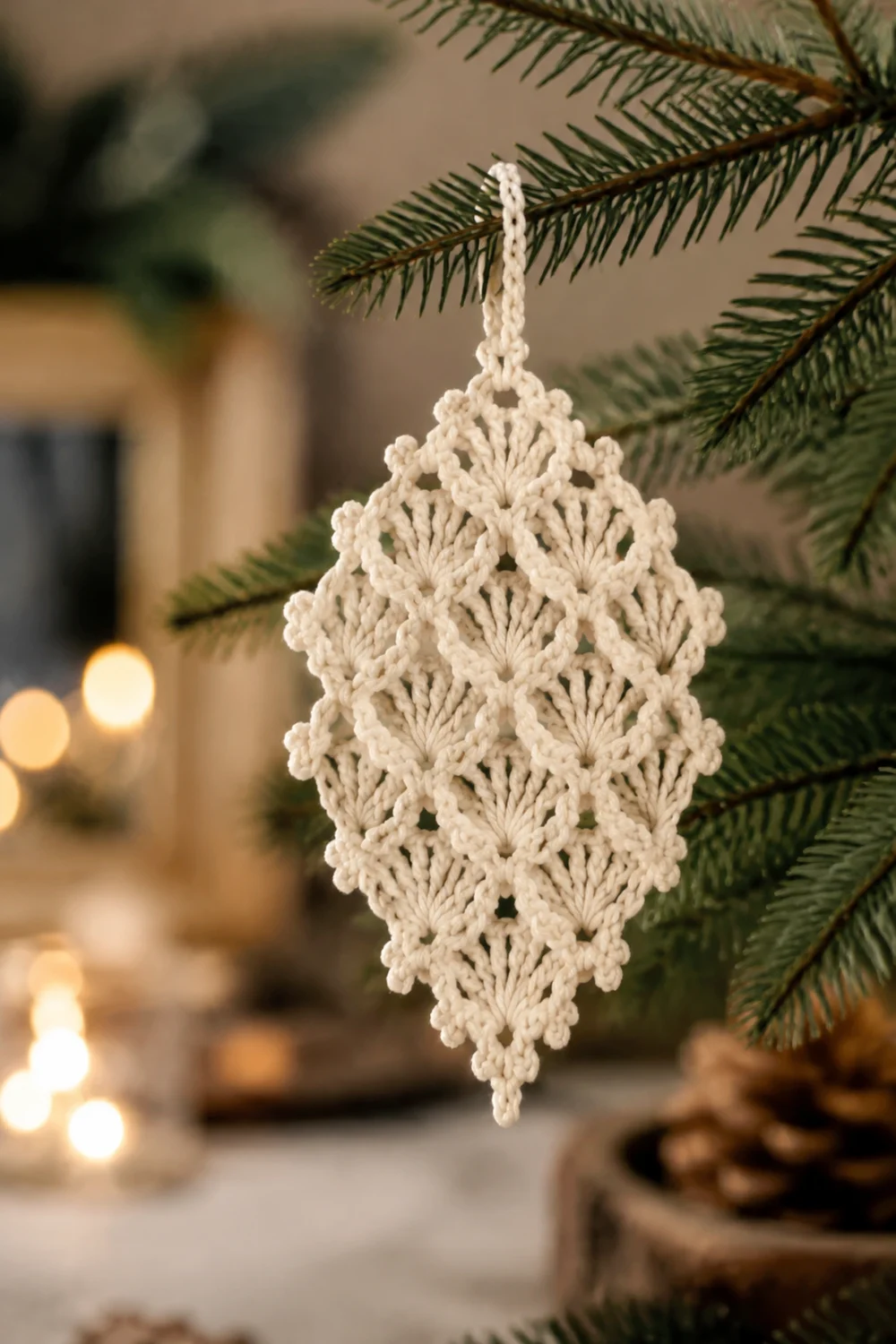 A cream-colored crocheted teardrop ornament hangs from an evergreen branch near warm holiday lights.