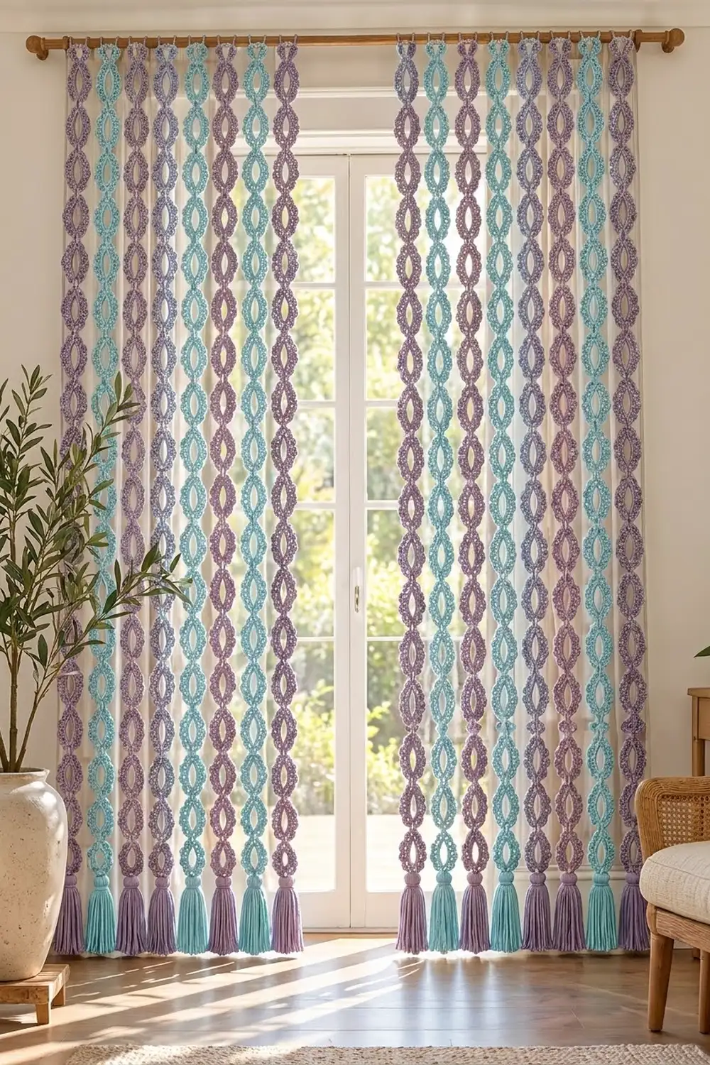 Purple and turquoise crocheted curtains with geometric diamonds and coordinating tassels frame a bright window in a contemporary interior.