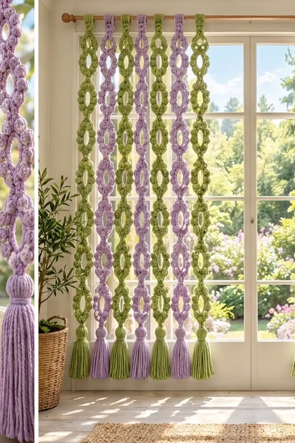Crocheted curtains with alternating sage and lavender geometric patterns and tassels hang at a bright window overlooking a garden.