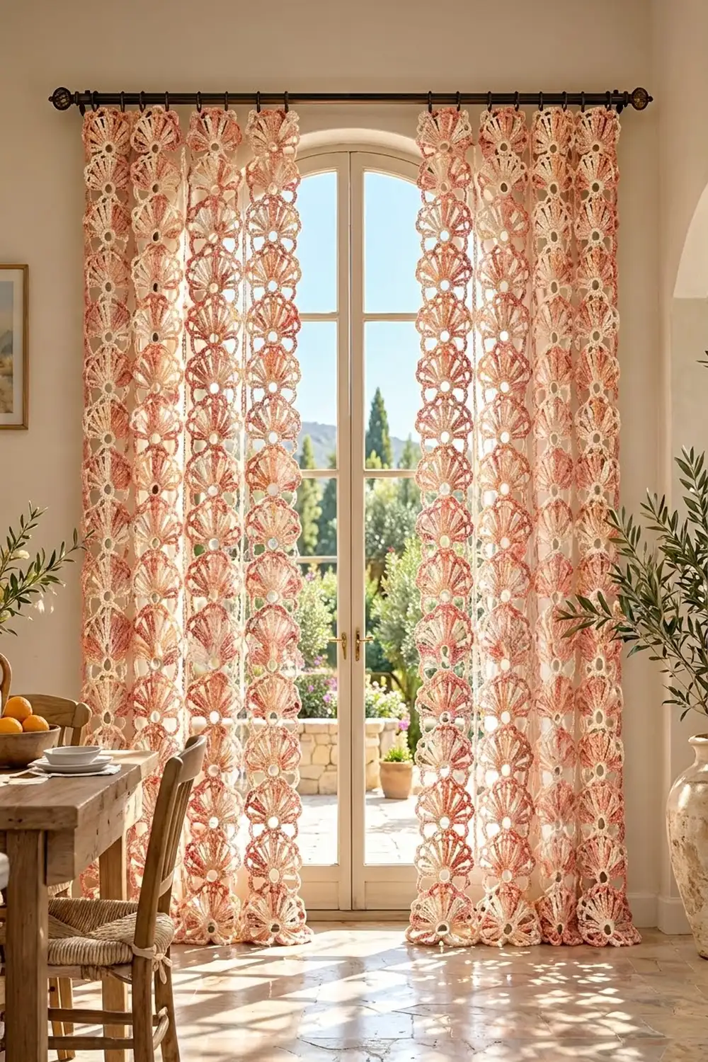 Sheer coral crochet curtains with shell motifs hang from a black rod, framing tall glass doors and letting light into a sun-filled dining room.