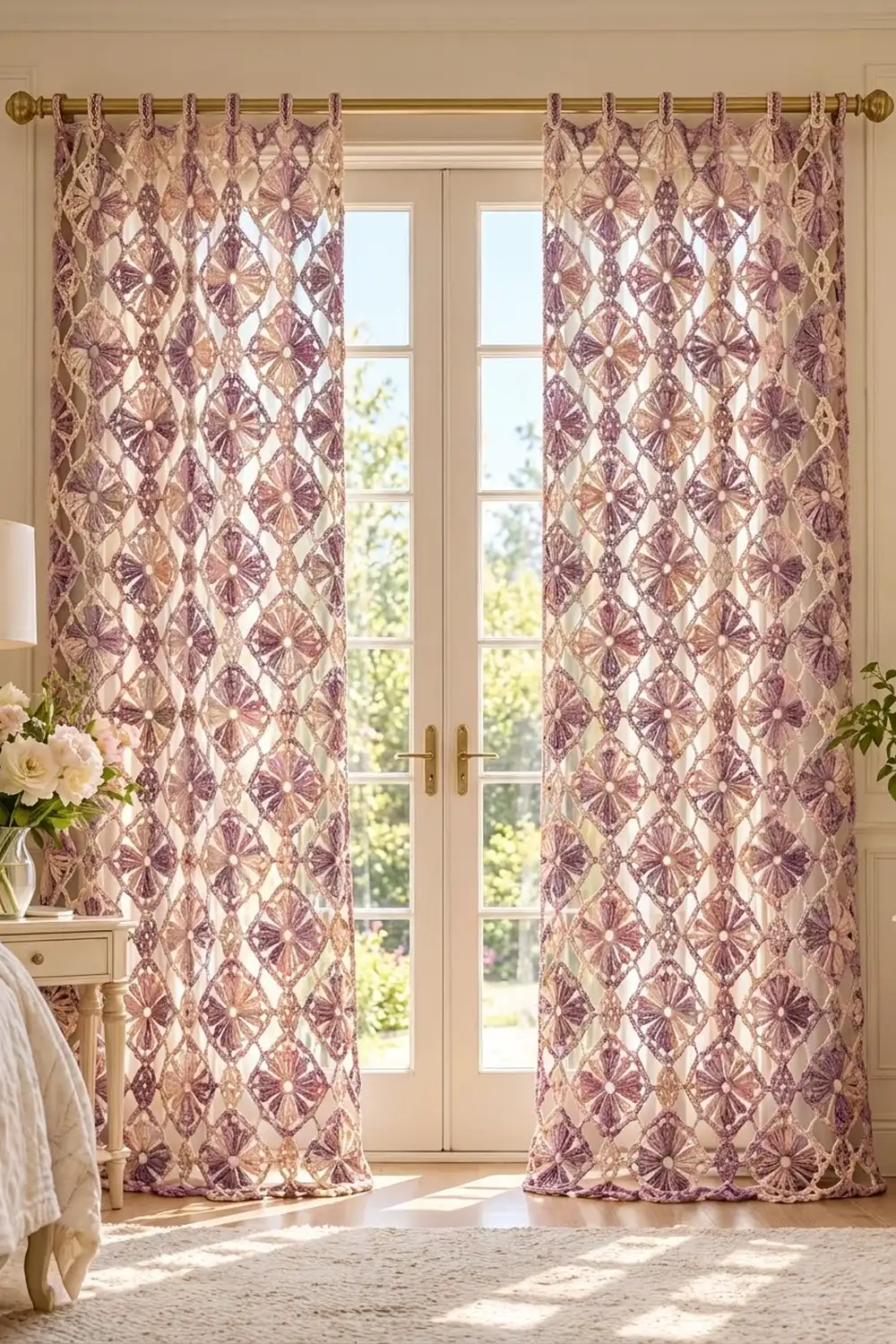 Purple and cream geometric patterned curtains frame French doors in a bright, classically designed bedroom interior.