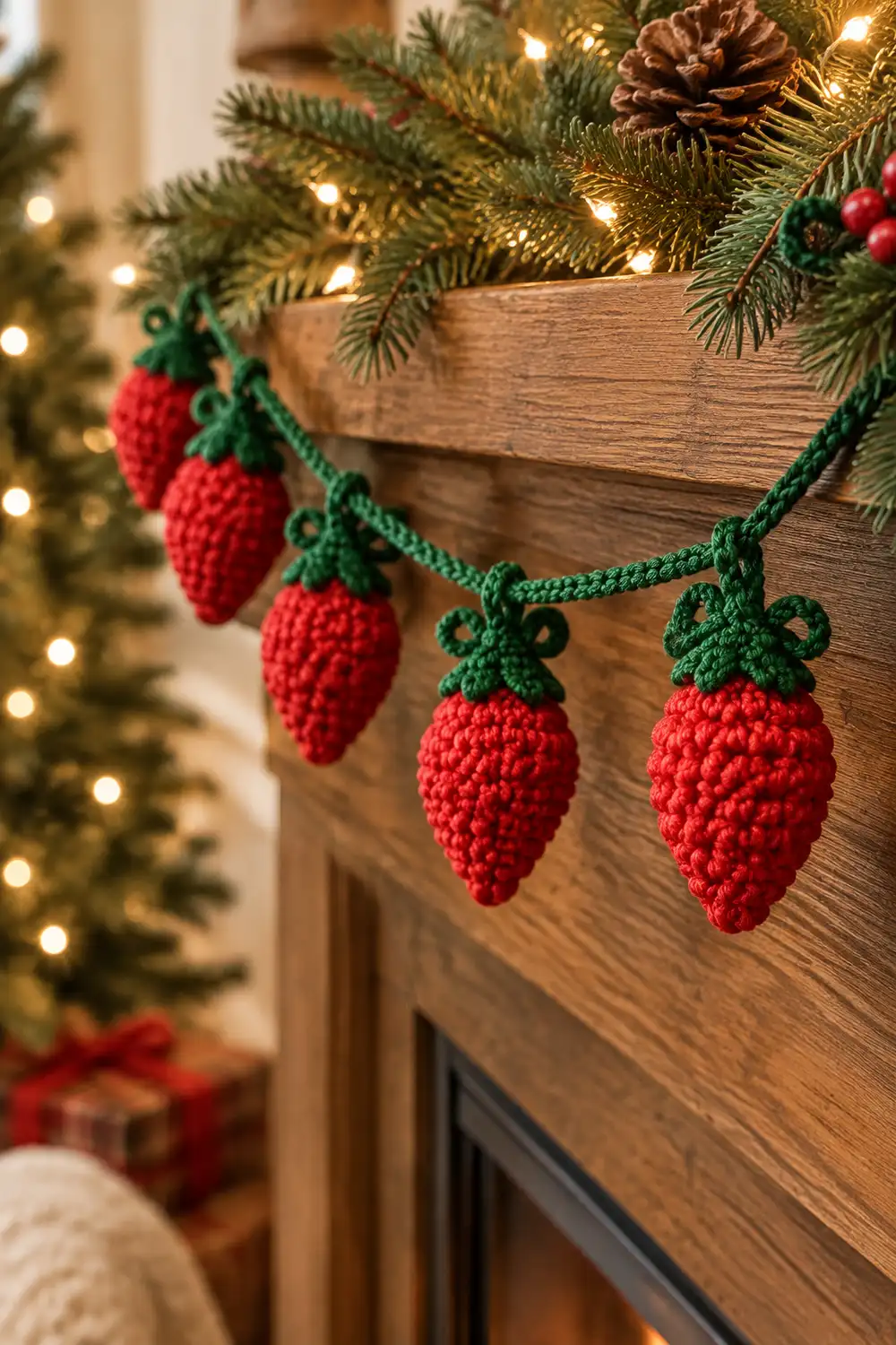A crocheted strawberry garland with red berries and green leaves draped on a wooden mantelpiece decorated with evergreen garland.