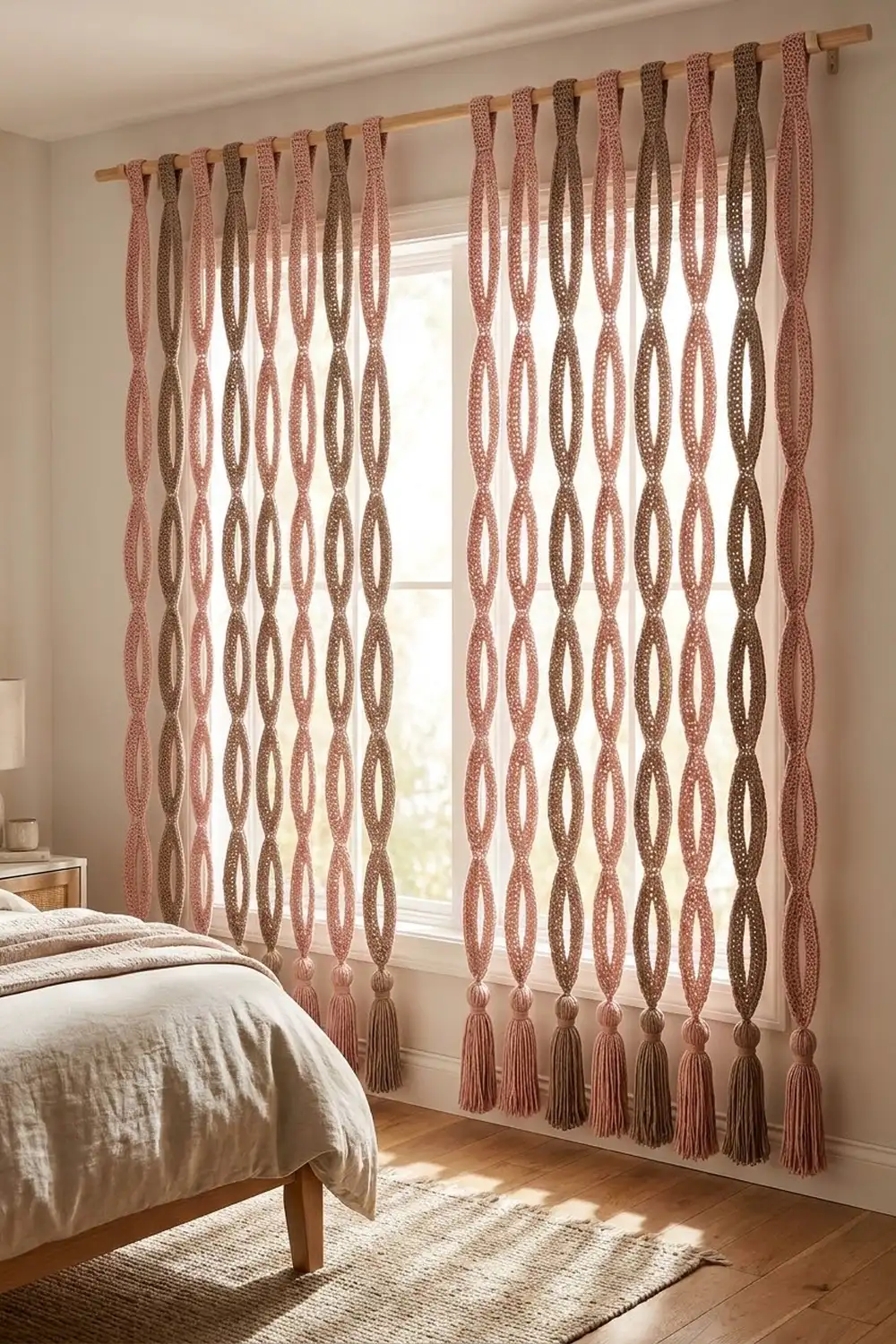 Pink and brown interlocking-loop patterned curtains with tassels hang on a wooden rod above a bed in a light-filled bedroom.
