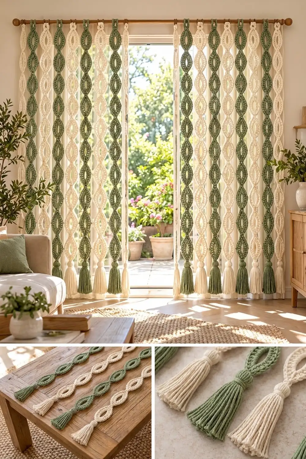 Cream and sage green patterned curtains with tasseled hems hanging at glass doors overlooking a garden.