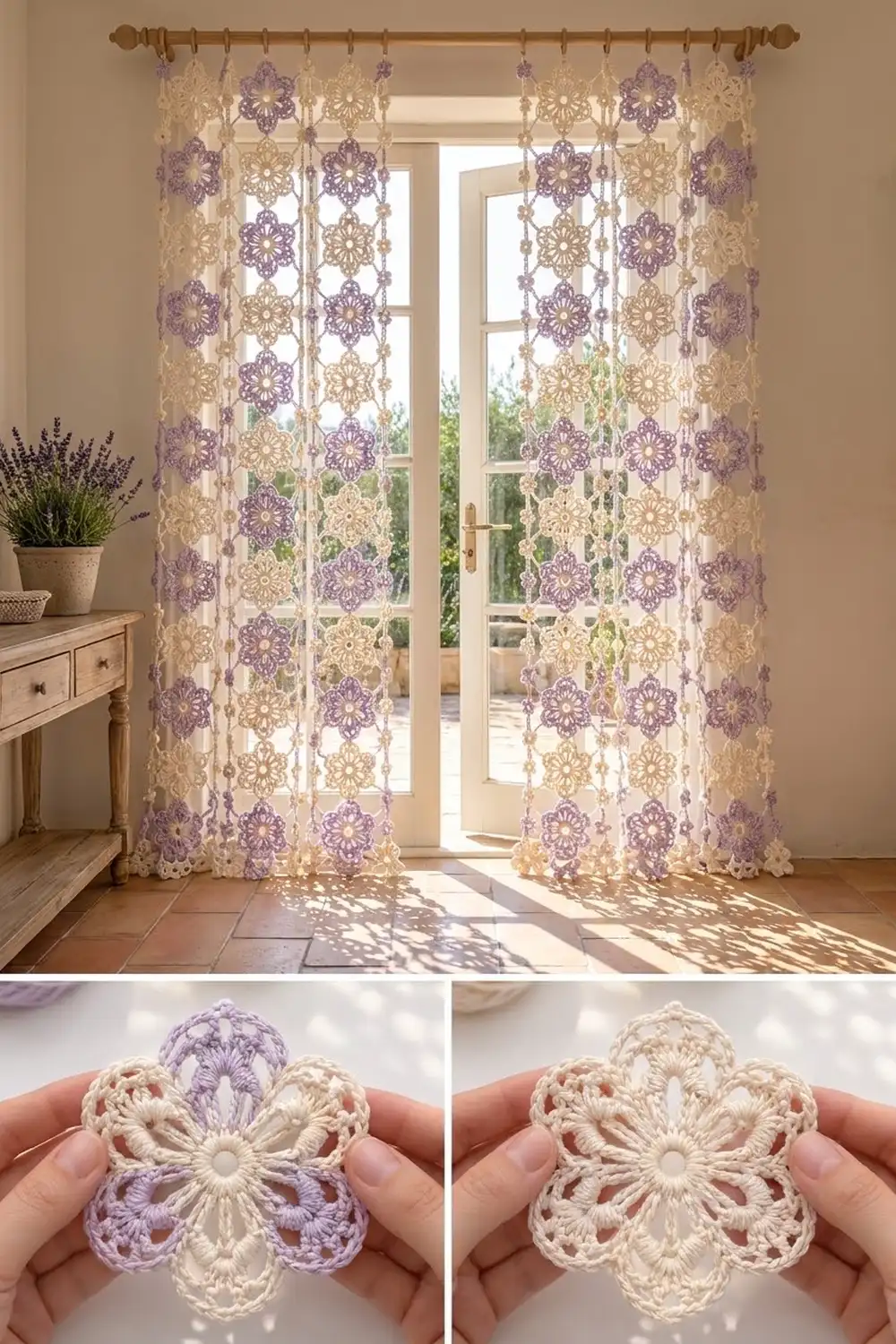 Crochet lace curtains with purple and cream flowers hung on a brass rod over sunlit French doors.