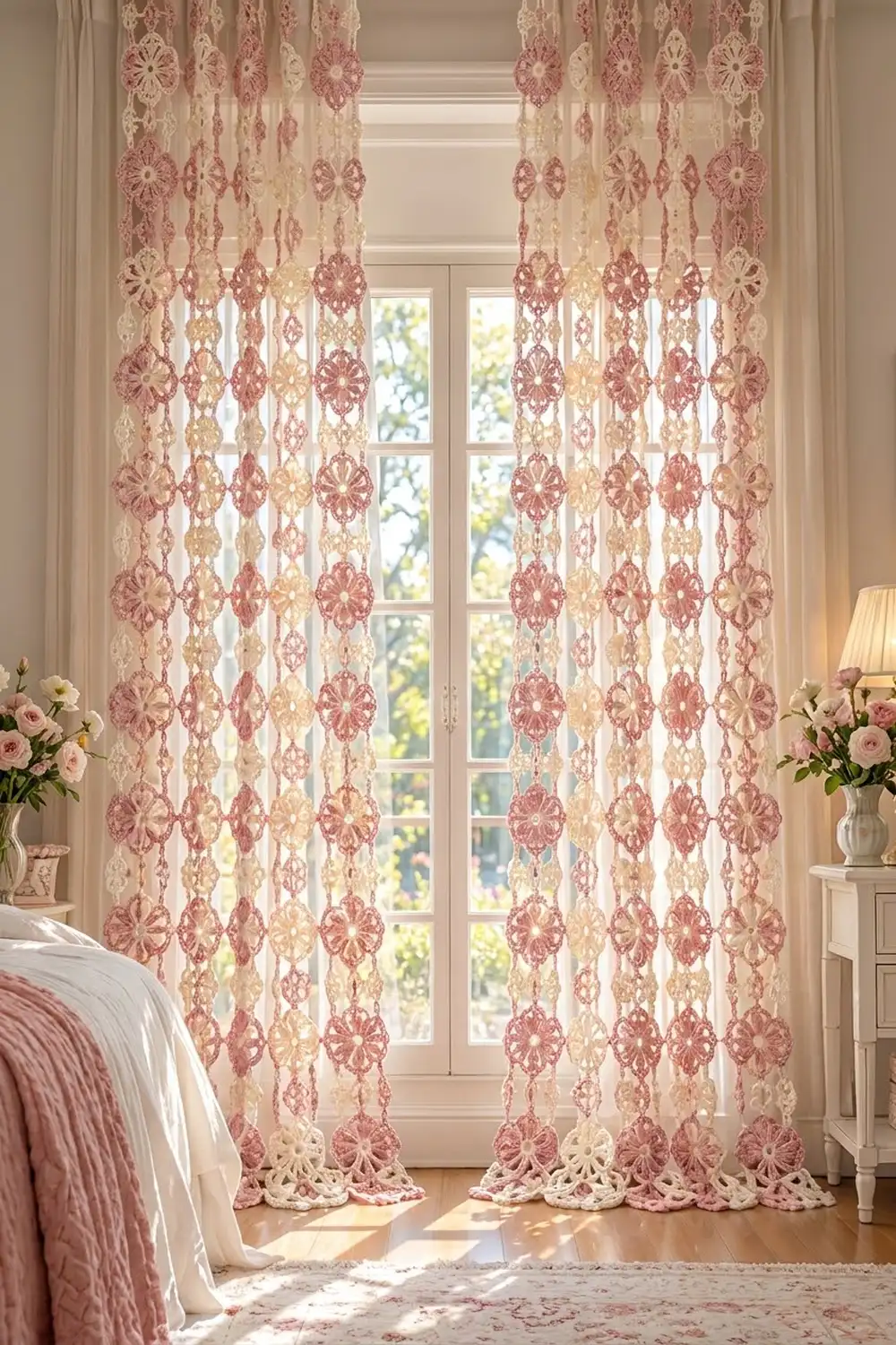 Pink and cream crocheted lace curtains with intricate motifs hang at tall windows in an elegant, light-filled bedroom.