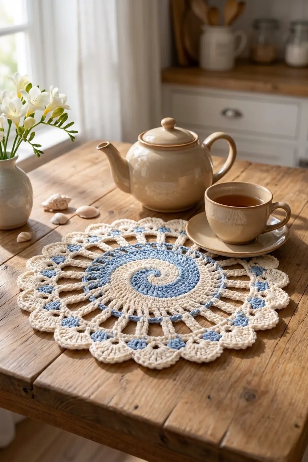 Cream and pale-blue crochet doily with intricate lace spiral pattern on a wooden table with ceramic tea service.