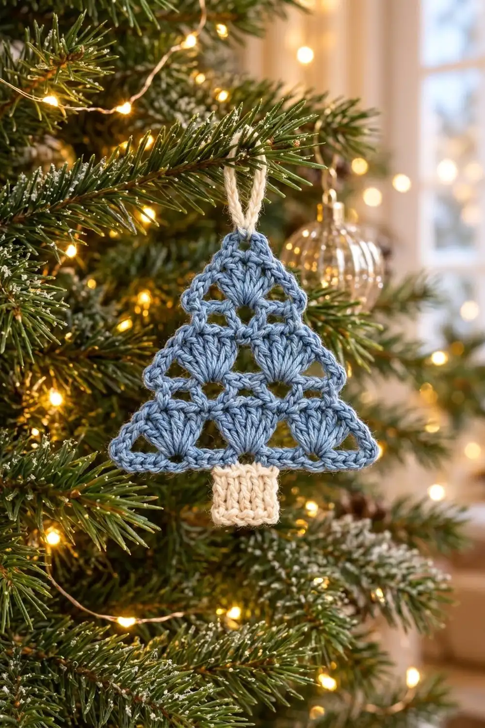 Pale blue crocheted Christmas tree ornament with cream-colored trunk hanging on fresh evergreen branch among twinkling warm lights.