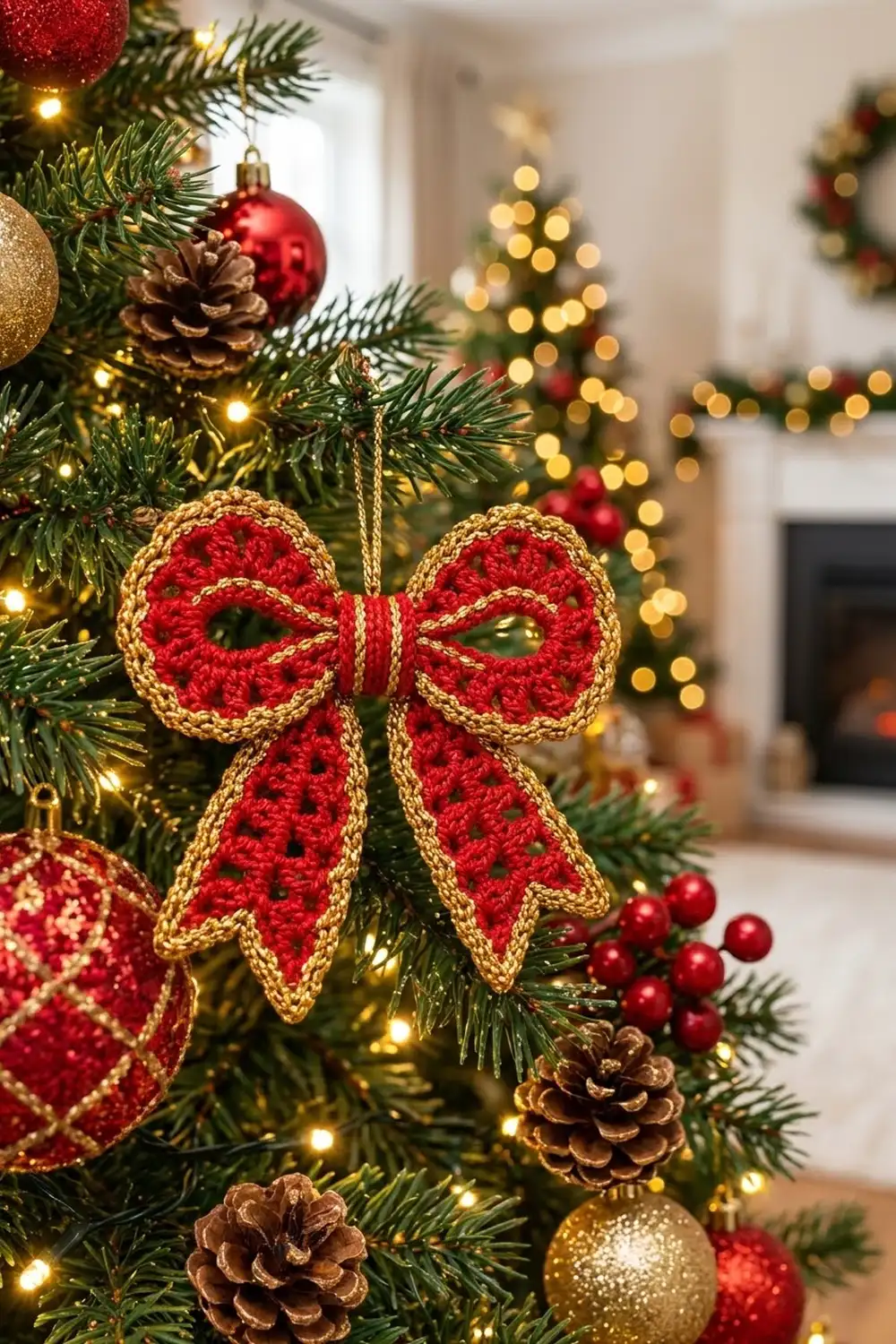 Crocheted red and gold bow ornament displayed on a decorated evergreen tree with lights and festive baubles.