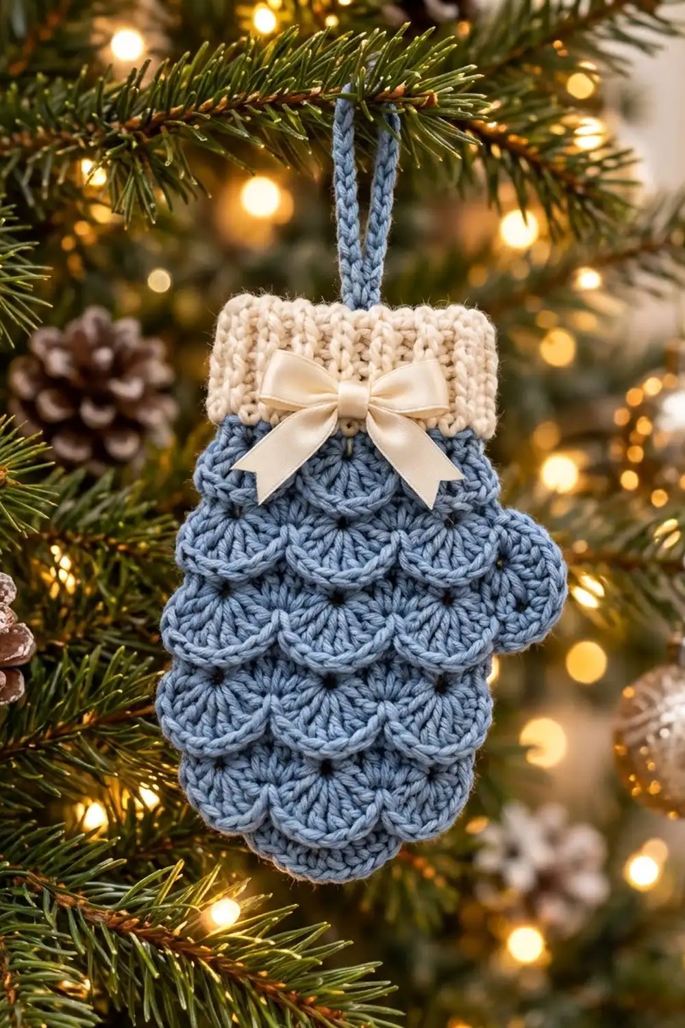 Blue and cream crochet mitten ornament with cream bow hung on glowing Christmas tree branch.