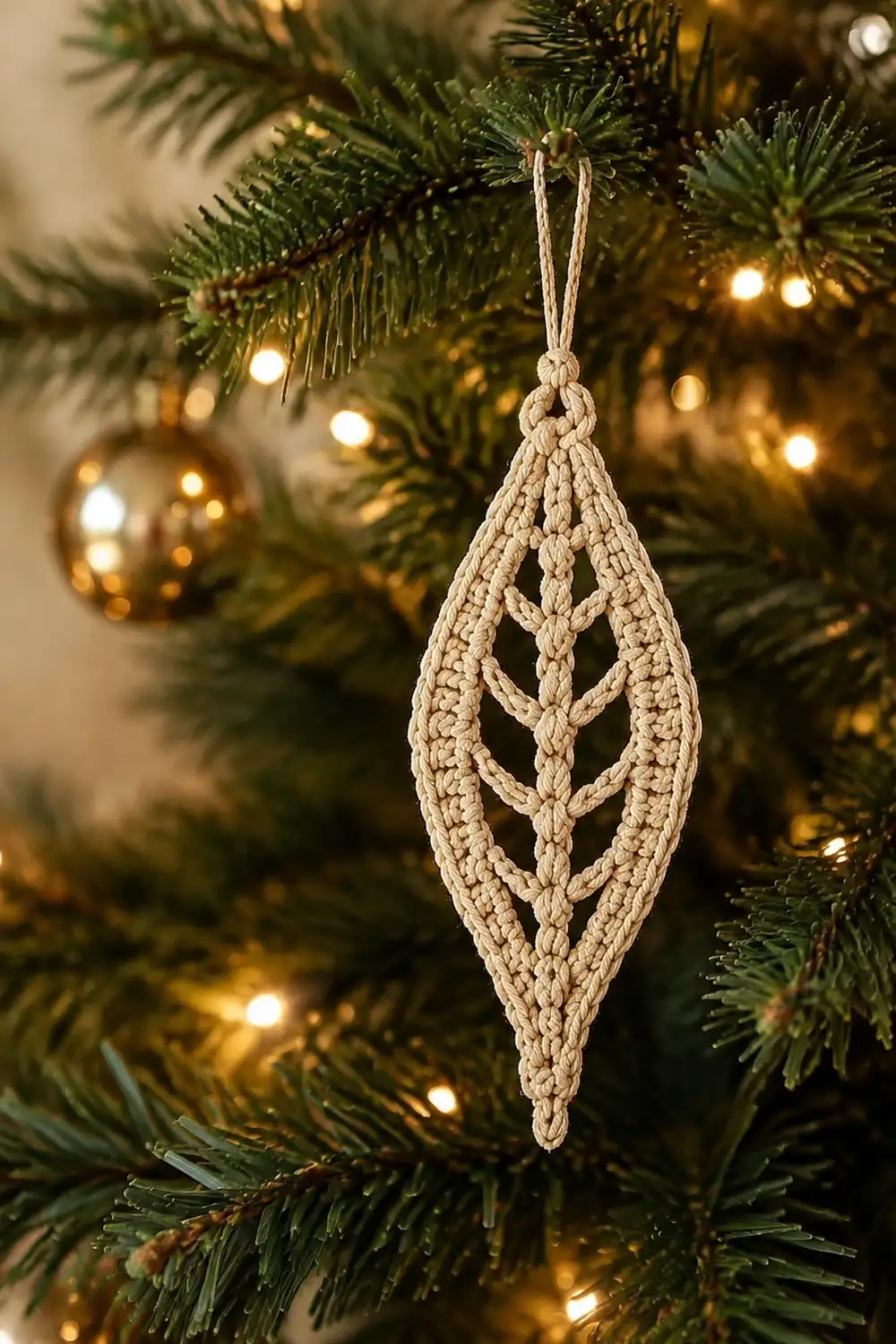 A cream macramé teardrop ornament hangs from evergreen branches amid warm golden string lights.