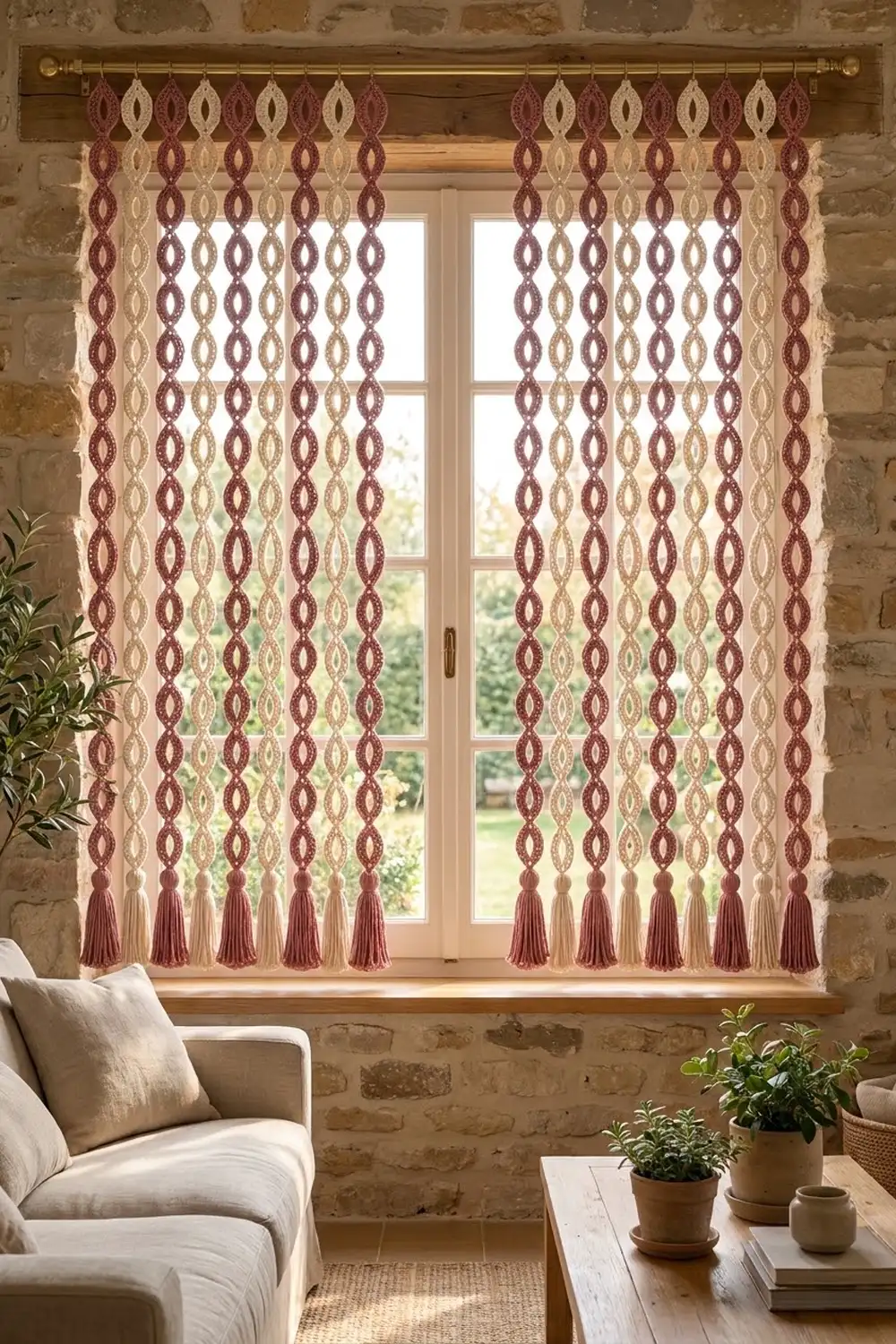 Crocheted curtains in burgundy and cream with geometric diamond pattern and tassels hang at a stone window beside an armchair.