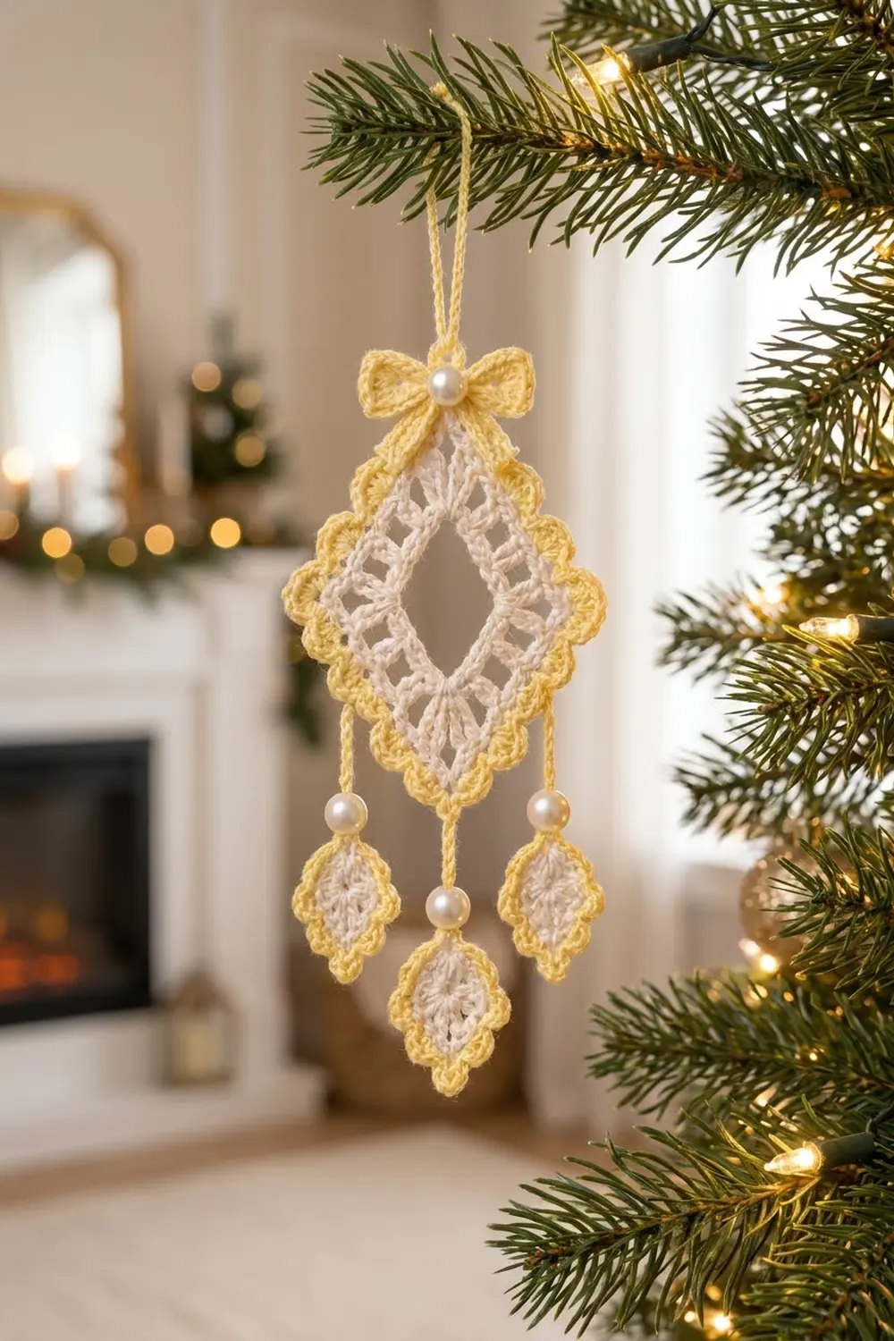 Crocheted gold and cream ornament with pearl beads hangs from an evergreen branch in a holiday setting.