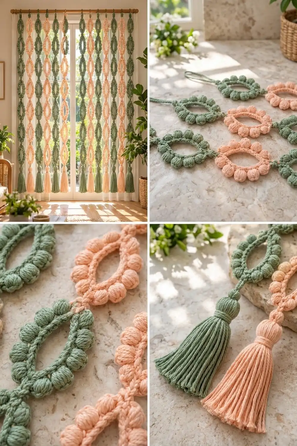 Alternating green and peach crocheted leaf curtain with tassels hanging by a bright window in a plant-filled room.