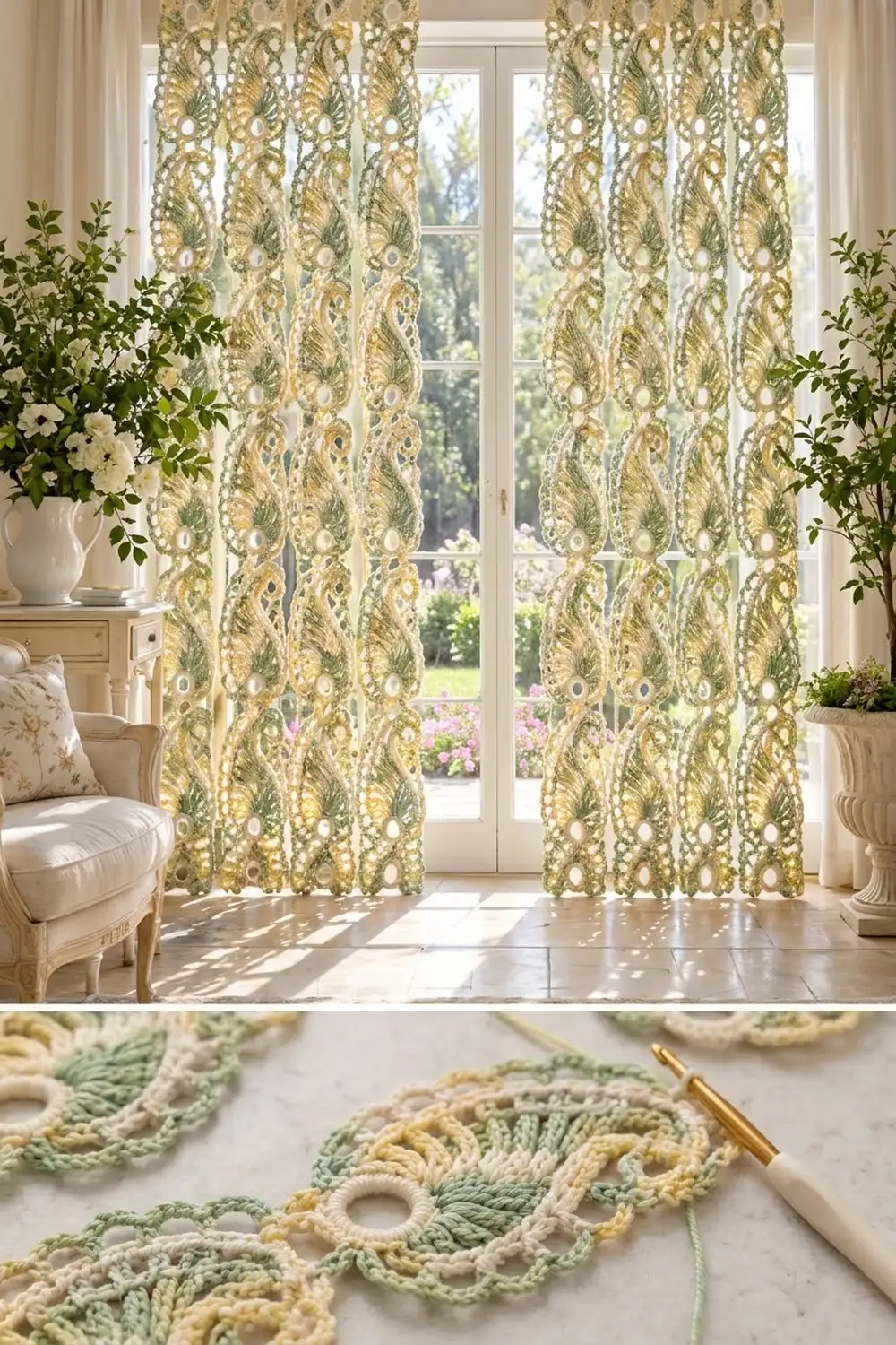 Sage and cream crocheted lace curtains hang at French doors in a sunlit room with potted plants and classic furnishings.
