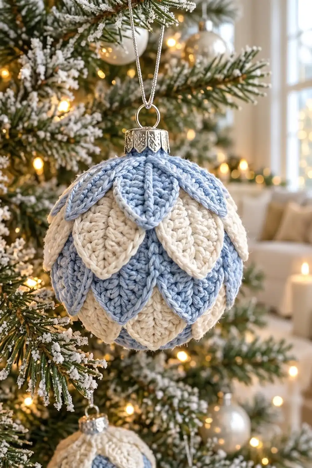 Blue and cream crocheted ornament featuring petal-like sections hangs from a frost-covered tree with warm lighting.