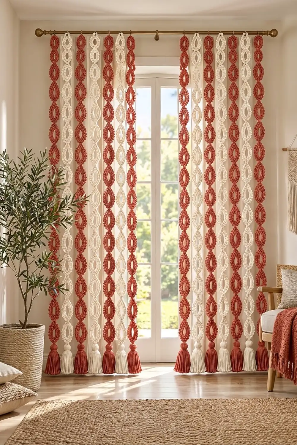 Red and cream crocheted curtains with tassels hang from a brass rod, framing a bright window in a minimalist room.