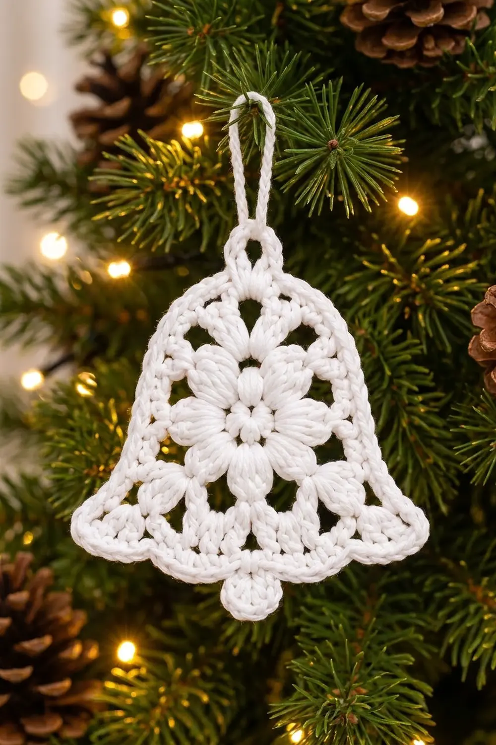 White crocheted bell ornament with lacy snowflake design hanging on a lit evergreen Christmas tree branch.