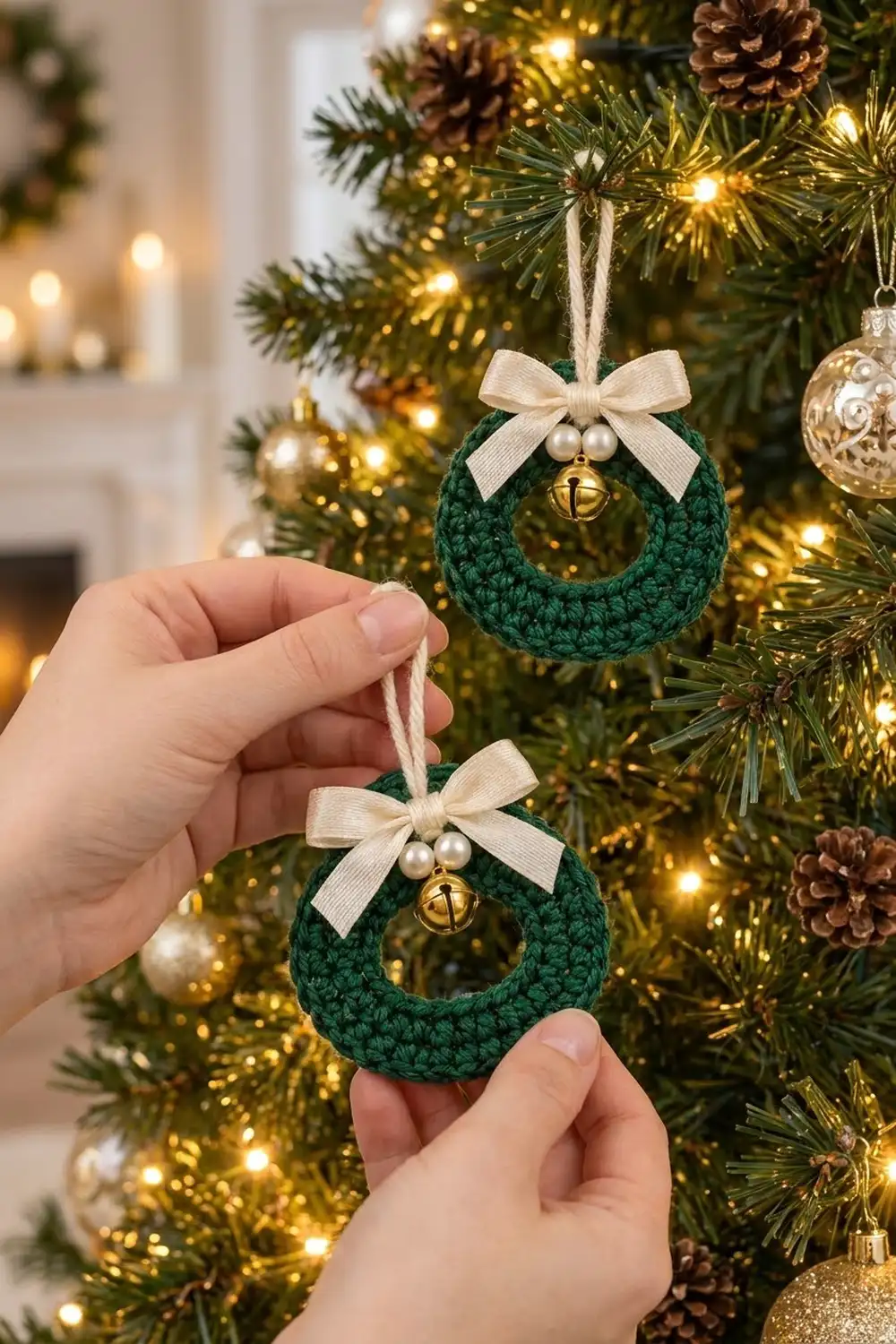 Hand holding dark green crochet wreath ornament with cream bow and gold bell on lit Christmas tree.